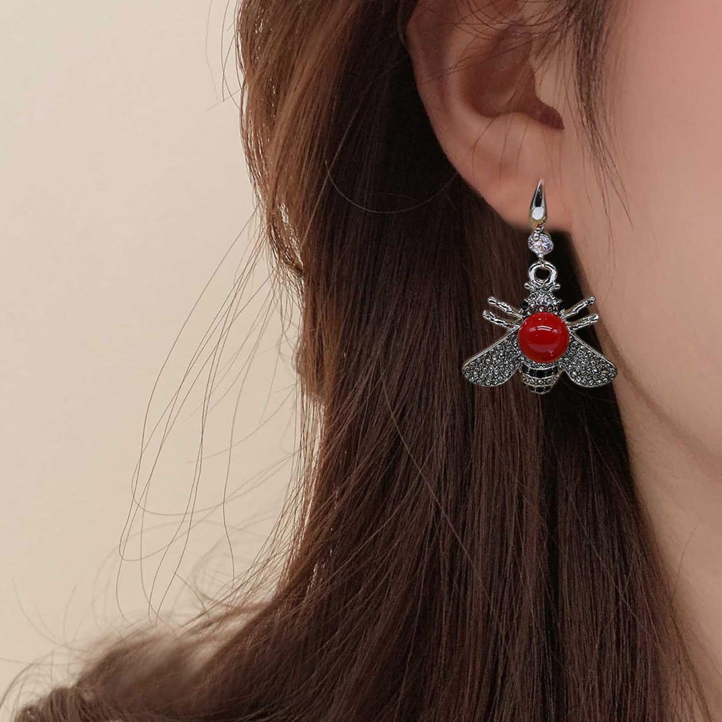 Honey Bee Drop Earrings Crystal Insect Themed Dangle Earring Animal Fashion Shell Pearl Hook Earring Platinum Tone for Women Jewelry (Platinum Red Pearl earring)