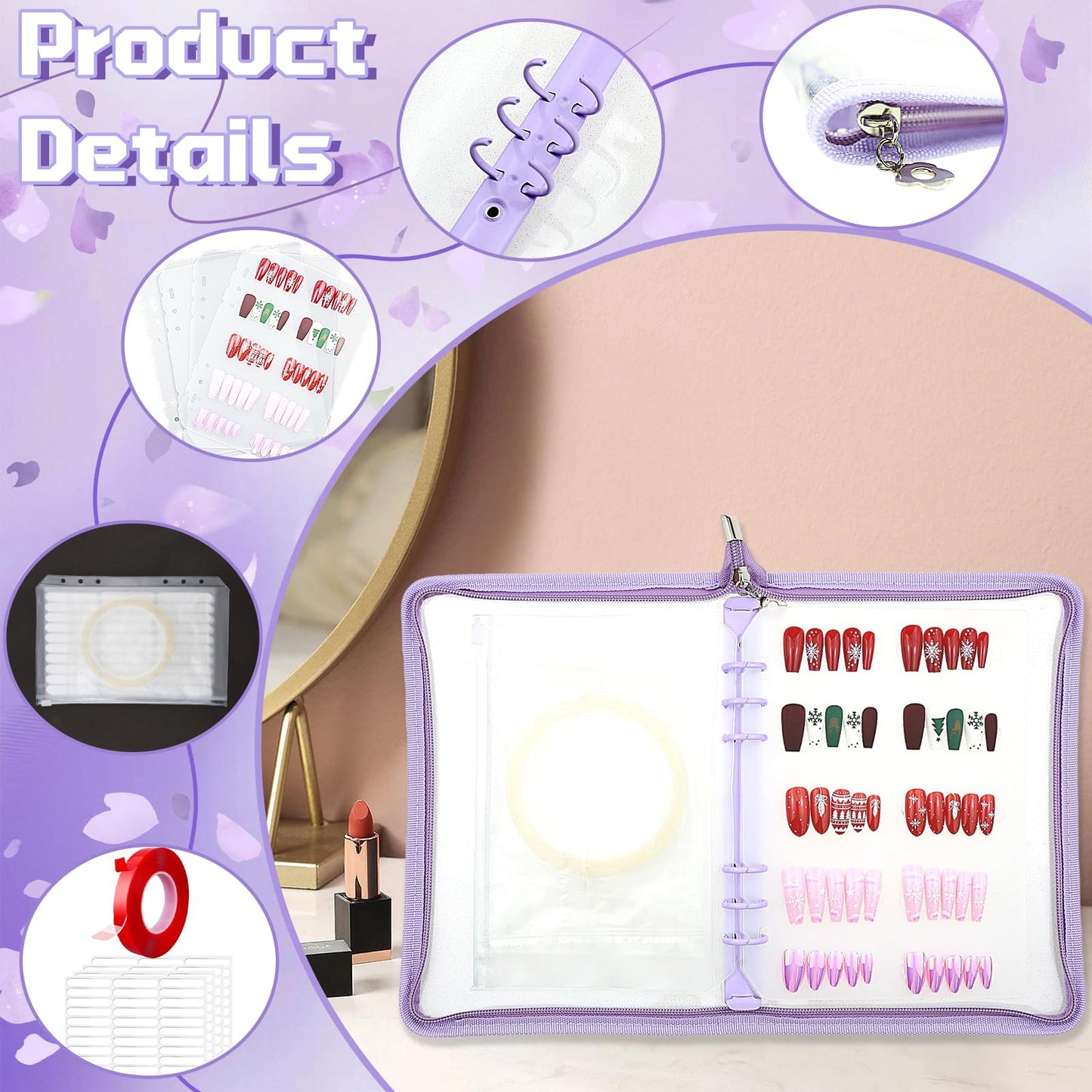 Oskrieel Press on nail storage Nail Storage Book - Portable Versatile Organizer for Press - On Nails, Jewelry and More with 90 Pcs Adhesive Double Sided Tape Purple