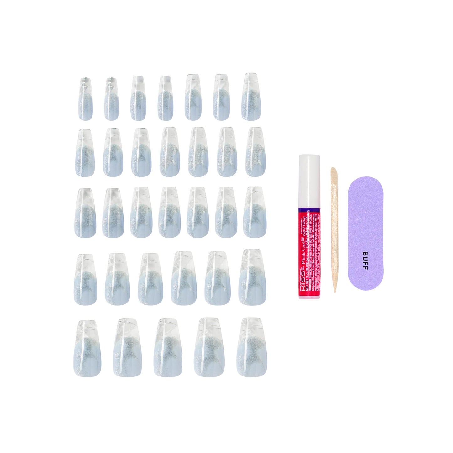 Kiss Glam, Press On Nails, Nail glue included, 'Seraphic', Blue, Long Size, Coffin Shape, Includes 32 Nails, 2g Glue, 1 Manicure Stick, 1 Mini File