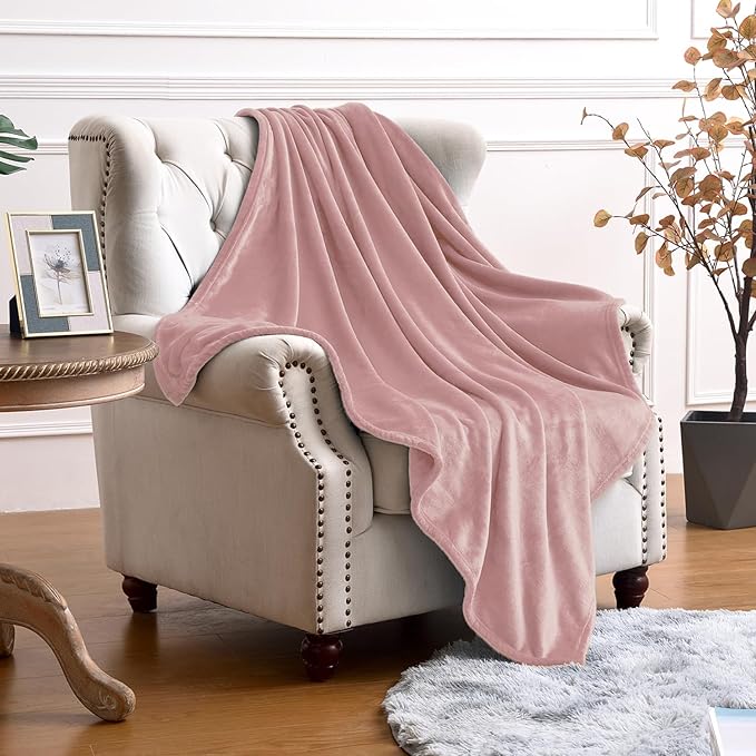 SOCHOW Flannel Fleece Throw Blanket, 340 GSM All Season Super Soft Cozy Blanket for Bed, Sofa or Couch, Dusty Pink, 50x70 inches