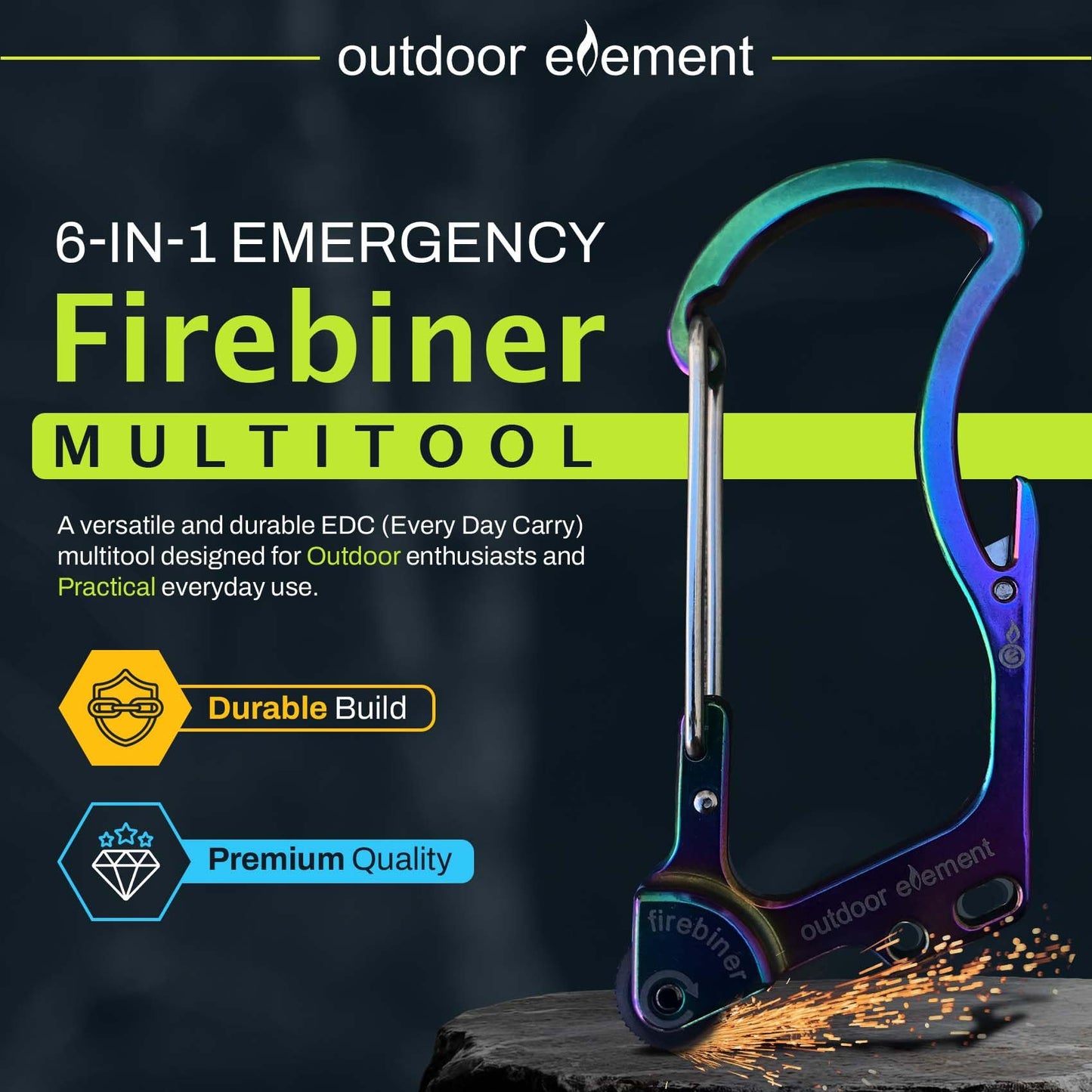 OUTDOOR ELEMENT Firebiner® 6-in-1 Survival Multitool Carabiner EDC Keychain with EverSpark™ Fire Starter, Utility Blade, Bottle Opener & Screwdriver – Unique Gift for Outdoor Adventure – Blue River