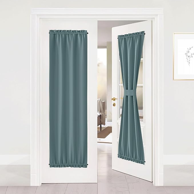 NICETOWN French Door Curtains Rod Pocket Thermal Blackout Shade for Glass Window, Kitchen and Patio Doors for Privacy, 25 X 72 Inches Long, 1 Curtain Panel with Tieback, Greyish Blue