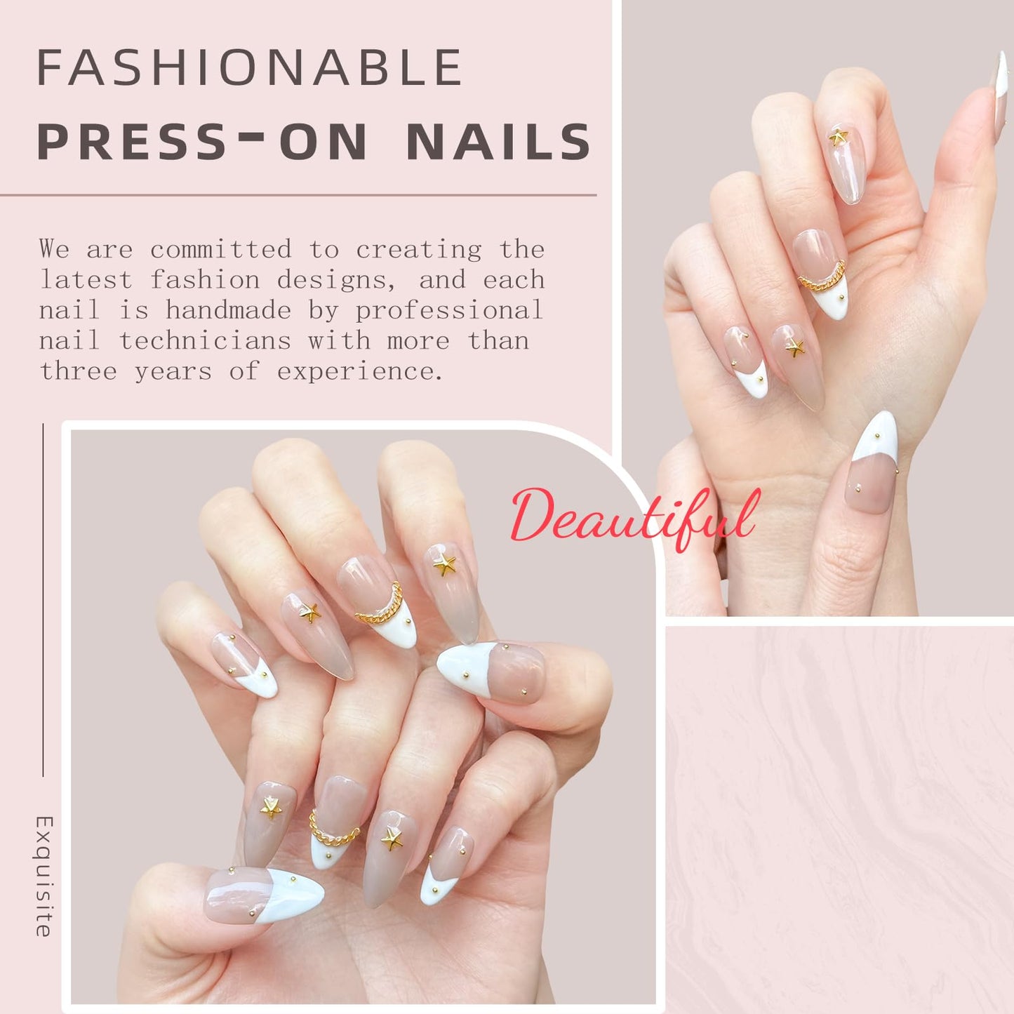 Handmade Press On Nails Medium Almond Shape - 3D Gold Metallic Embellished White French Manicure False Nails, Minimalist Spring & Summer Design | Salon Quality Reusable Fake Nails (10PCS-S)