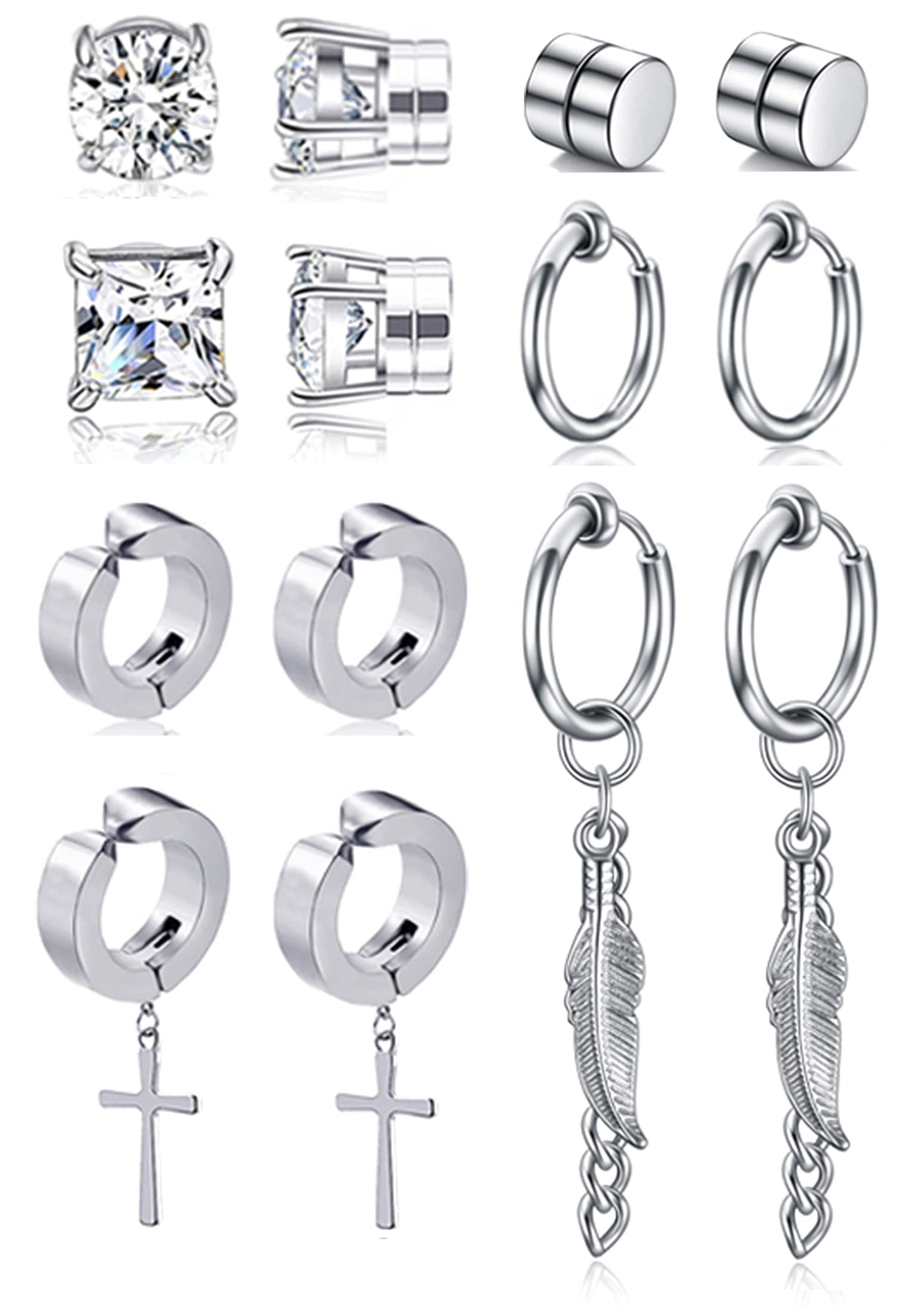 Ofeiyaa 7 Pairs Magnetic Stud Earrings Stainless Steel CZ Clip On Earring Non-Piercing Huggie Hoop Earring Chain Feather Pendant Drop Dangle Earrings Set For Women Men Black Silver Tone