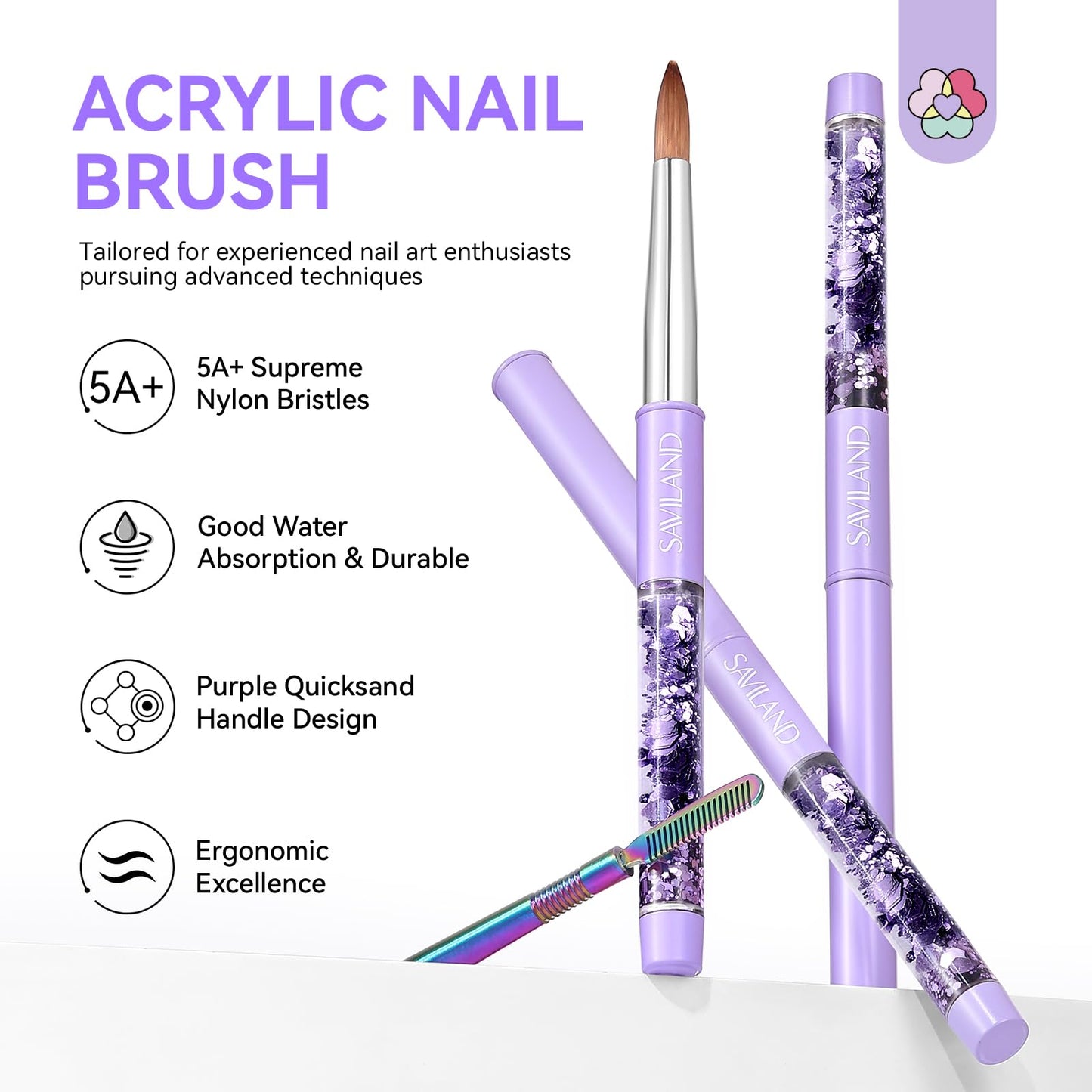 SAVILAND Kolinsky Acrylic Nail Brush Set: Size 6,10,14 Professional Nail Brushes Cleaner Manicure Tool for Acrylics Application Acrylic Powder Nails Extension 3D Carving for Nails Art DIY