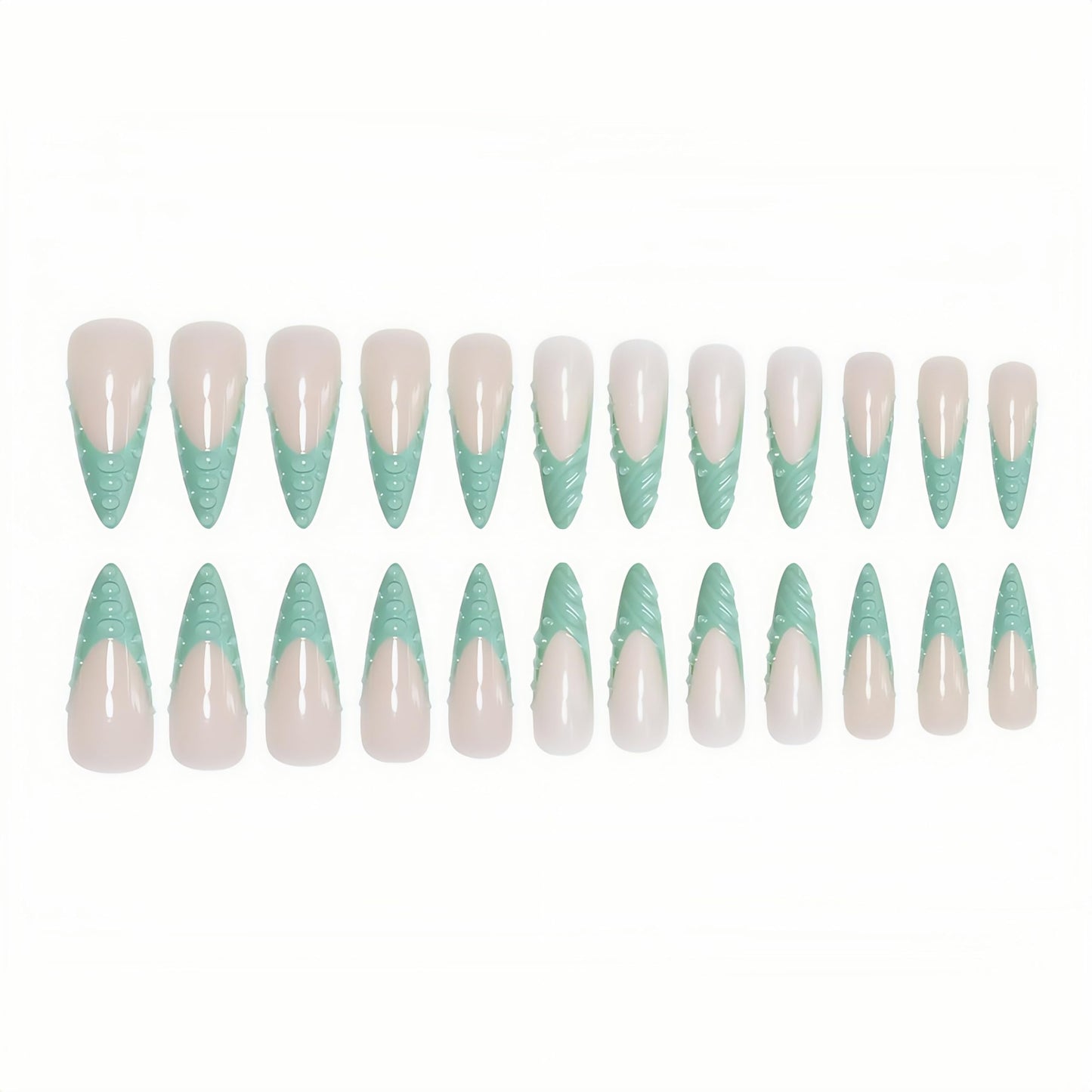 Stiletto Press on Nails Long Fake Nails Green Extra Long Glossy Acrylic Nail Press on French Tip Artificial with 3D Water Droplets Designs Stick on Nail for Women 24pcs