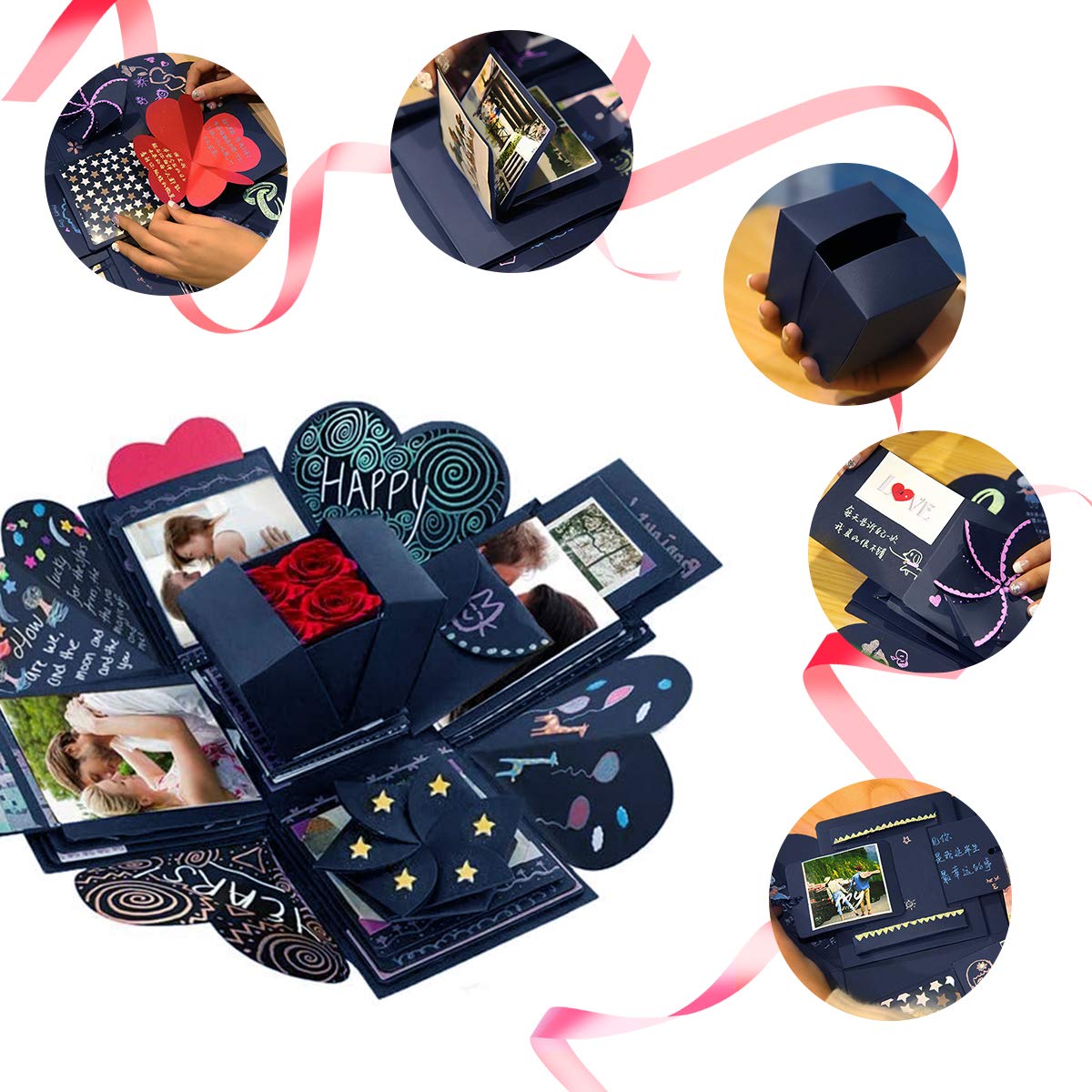 DIY Explosion Gift Box Set - Creative Love Memory Scrapbook & Photo Album for Birthday, Valentine's Day, Anniversary, Wedding, Christmas & Festival (Blue)