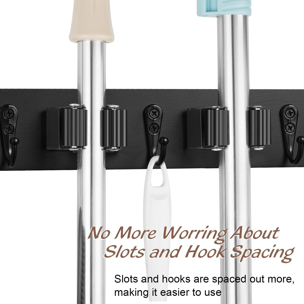 Black Mop Broom Holder Wall Mount with 3 Slots & 4 Hooks