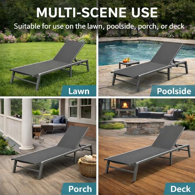 Kozyard Outdoor Foldable Lounge Chair, Aluminum Frame Patio Lounger with 5-Position Adjustable Backrest, Breathable Textilene Fabric, Assemble-Free, Reclining & Full-Flat Poolside (Gray, No Table)