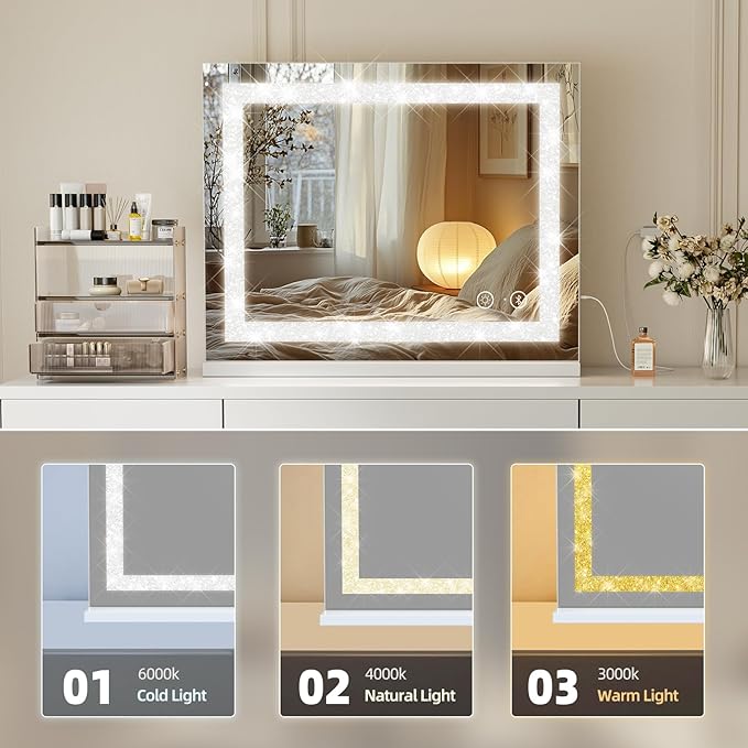 Fenair Vanity Mirror with Lights and Bluetooth Speaker 22.8* 18.1’ Hollywood Mirror with Crystal Light Strip Makeup Mirror, 3 Color LED Mirror USB Charging Port, 10X Magnification, Smart Touch, White