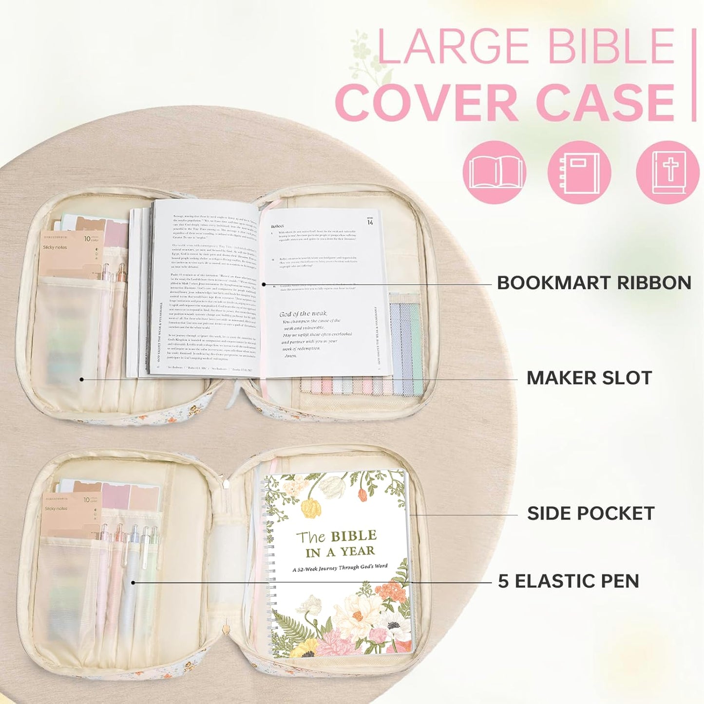 Bible Cover Set with Handle, Large Quilted Bible Bag for Women Girls, Bible Study Supplies Kit with Tabs, Pens, Sticky Notes, Study Planner & Scripture Cards, Christian Gifts for Devotional Journaling