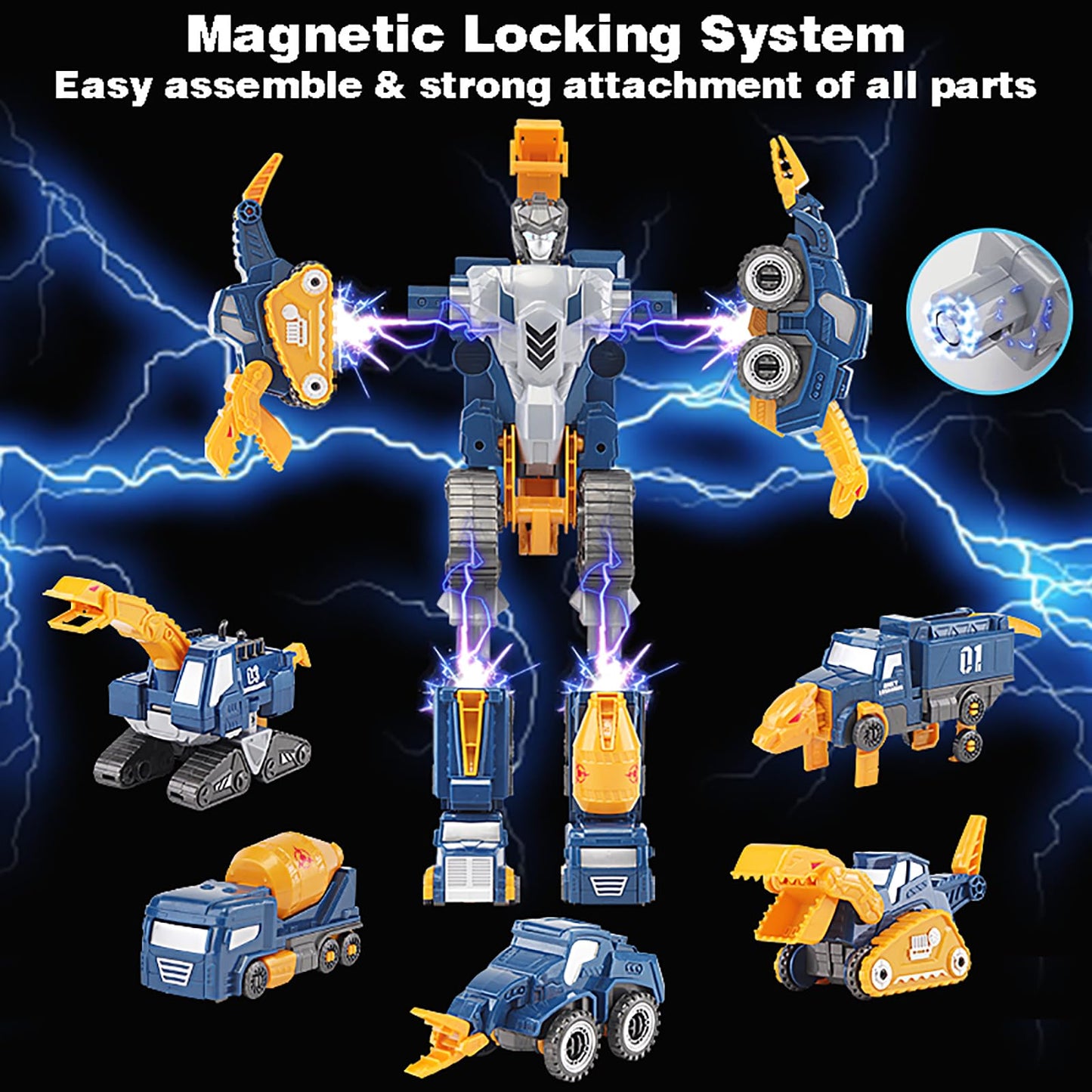 Fuzzy Pixie Toddler Construction Car Transform Set, 5pcs Dinosaur Rescue Robot with Magnetic Connectors, Assemble Building Trucks DIY STEM Toy, Birthday Present for Kids Boy Girl 3 4 5 6 7 Year