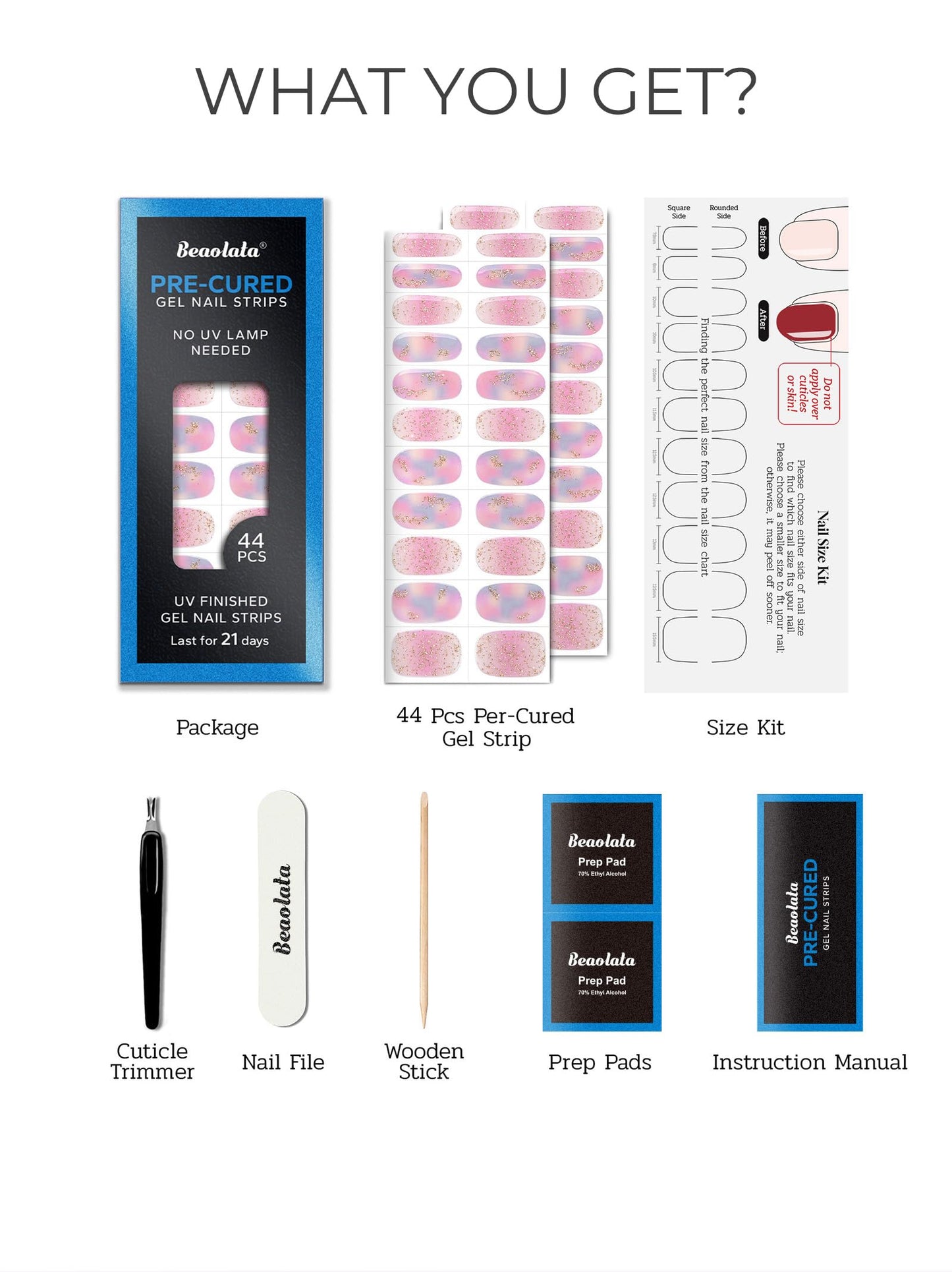 Beaolata Real Gel Nail Strips (No UV Light Needed) - 44Pcs Salon Quality Nail Stickers - Long Lasting Polish Wraps for Women, Easy Apply & Remove (Dusk Pink
