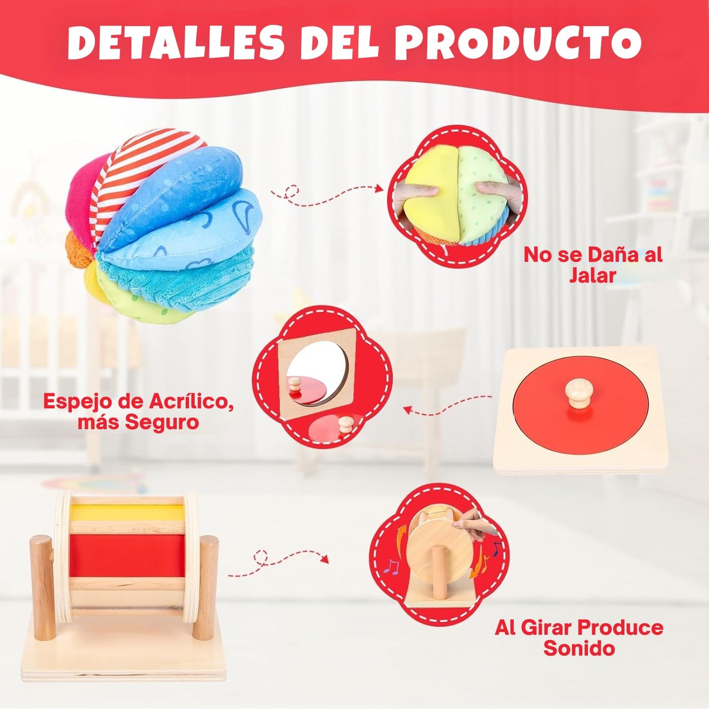 Montessori Baby Toys Play Kit - Mirror, Peekaboo, Knob Puzzle, Spinning Drum, Rainbow Ball - 6-12 Months Toddlers