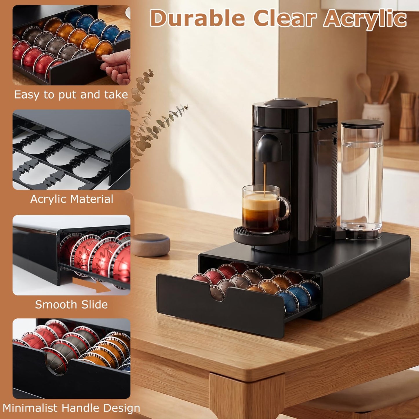 Acrylic Vertuo Pod Holder Drawer for Nespresso Vertuo, Coffee Pod Organizer for 3 Capsule Sizes, Holds 40 Large or Medium Pods / 60 Small Pods, Clear Coffee Pod Storage Drawer,Black