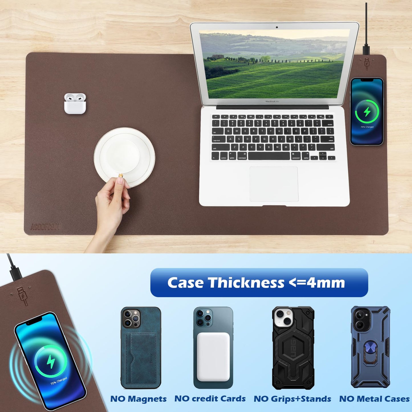 Wireless Charging Desk Mat with Desk Pad for Desktop Charging Large Mouse Pad Waterproof Leather Computer Mat Mouse Pad Non-Slip Protector on Top of Desks for Keyboard and Mouse (brown-r, 32*16inch)