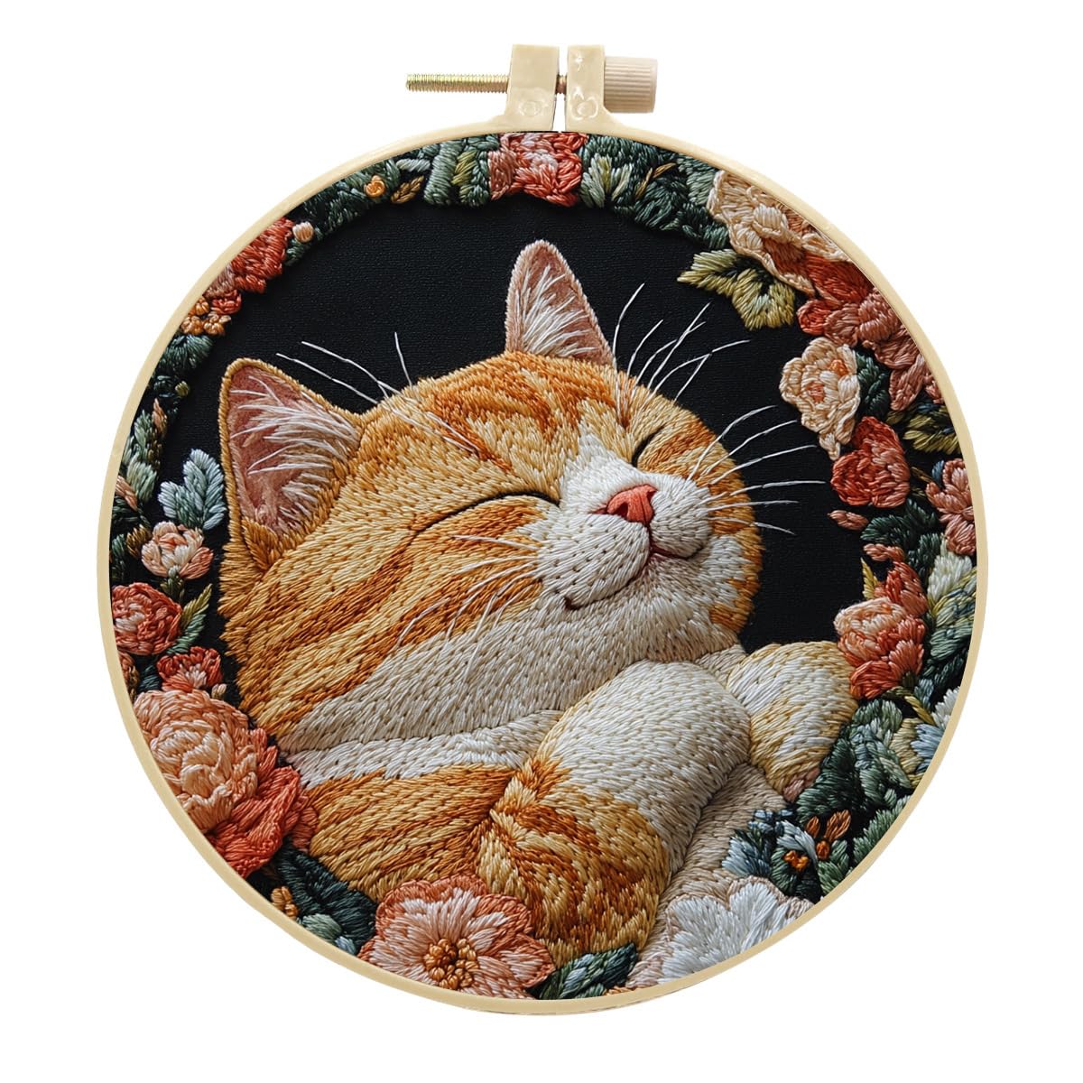 LB Orange Cat Embroidery Kit for Beginners Adults, 3 Sets Hand Embroidery Starter Kit with Floral Pattern and Instructions Stamped Cross Stitch Kits Include Embroidery Hoop Needles Threads Scissors
