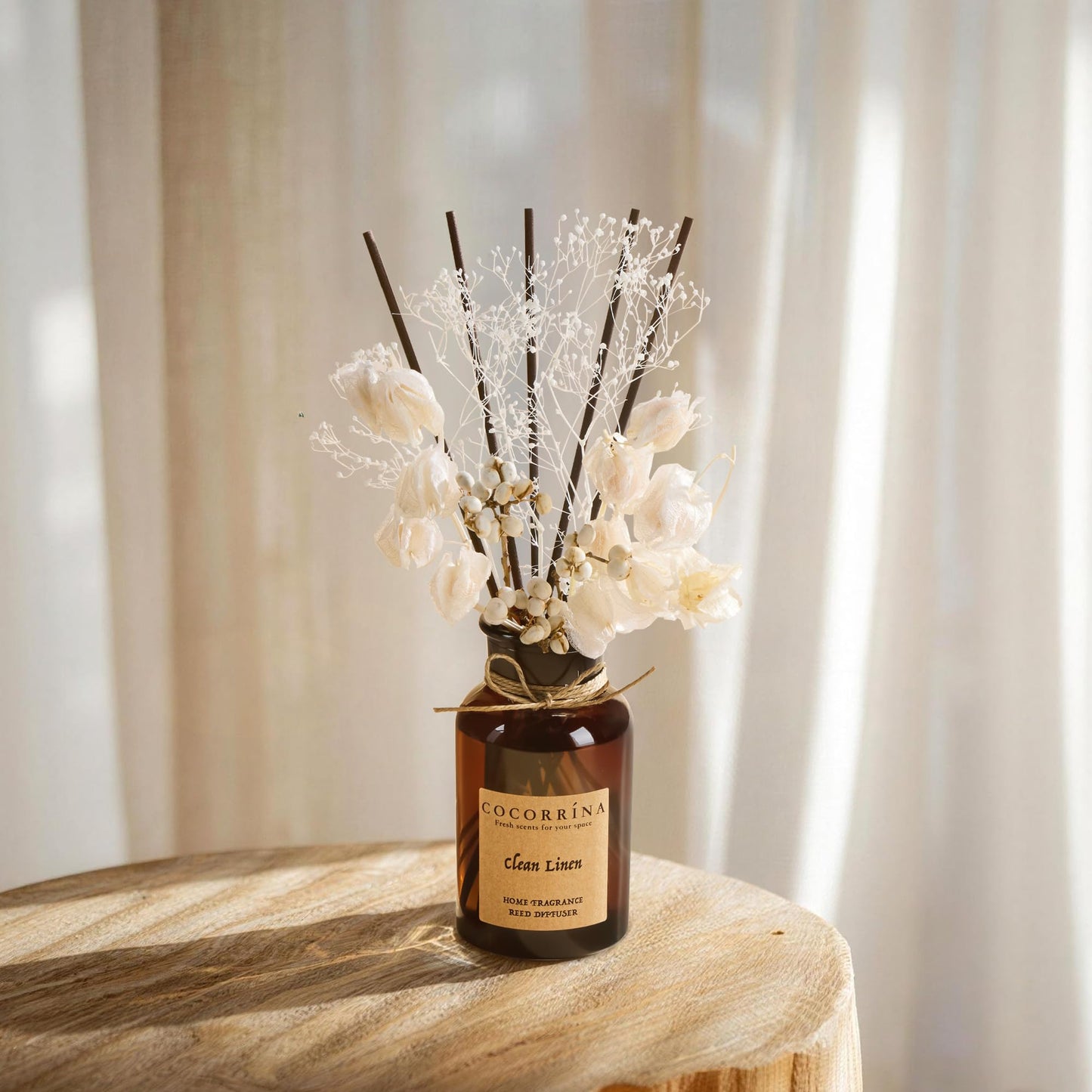 Cocorrína Reed Diffuser Set, 6.7oz Flower Reed Diffuser with Real Preserved Flowers - Clean Linen Scented Oil & Sticks - Long Lasting Home Fragrance for Bedroom Bathroom Shelf Decor