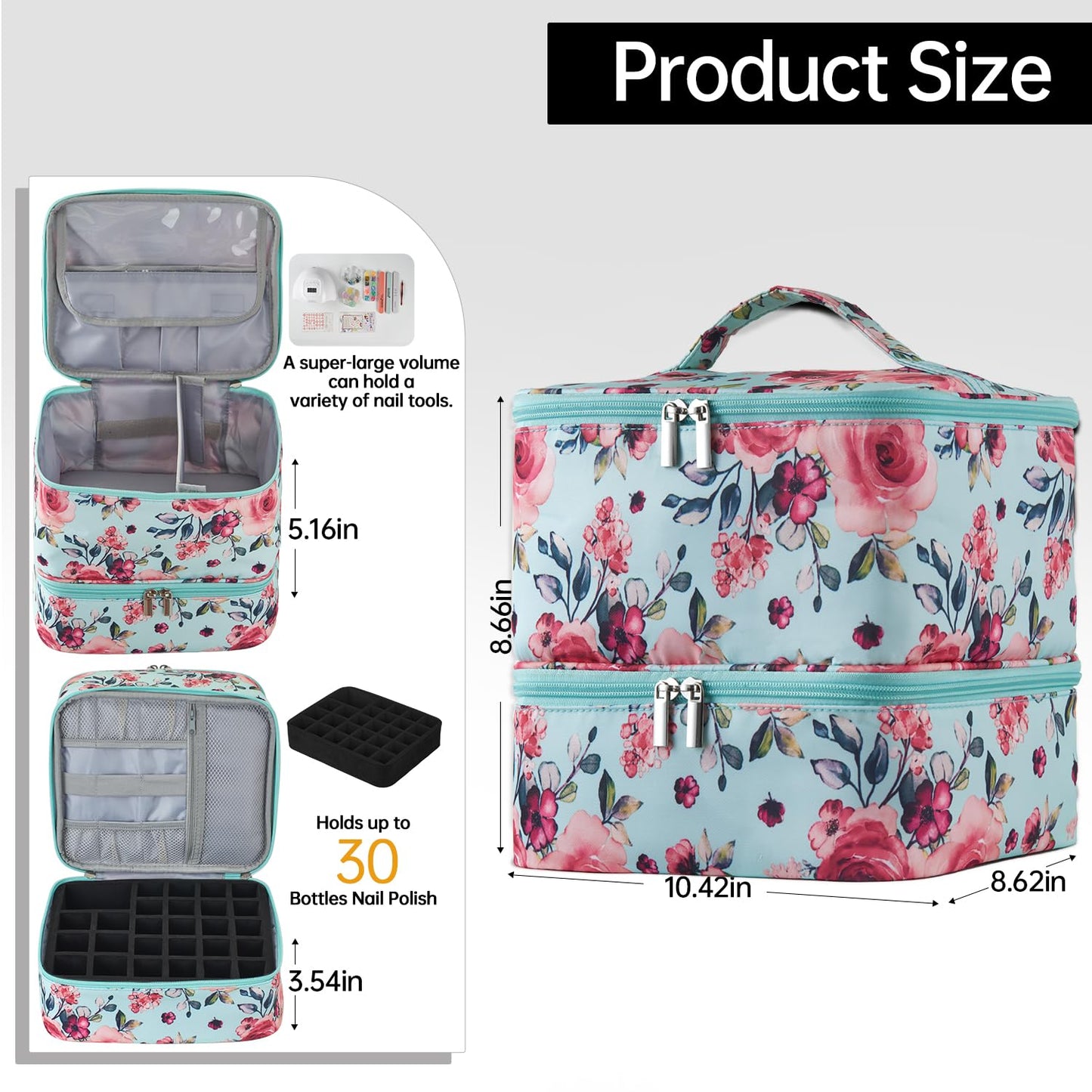 Buruis Double-Layer Nail Polish Organizer Bag, Holds 27 Bottles (15ML/0.5 FL.OZ or Larger), Nail Tools & Dryer Storage Case with Adjustable Dividers (Aqua Floral)