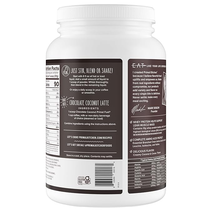 Primal Kitchen Primal Fuel Chocolate Coconut Whey Protein Powder, Gluten and Soy Free, 1.94 Pounds