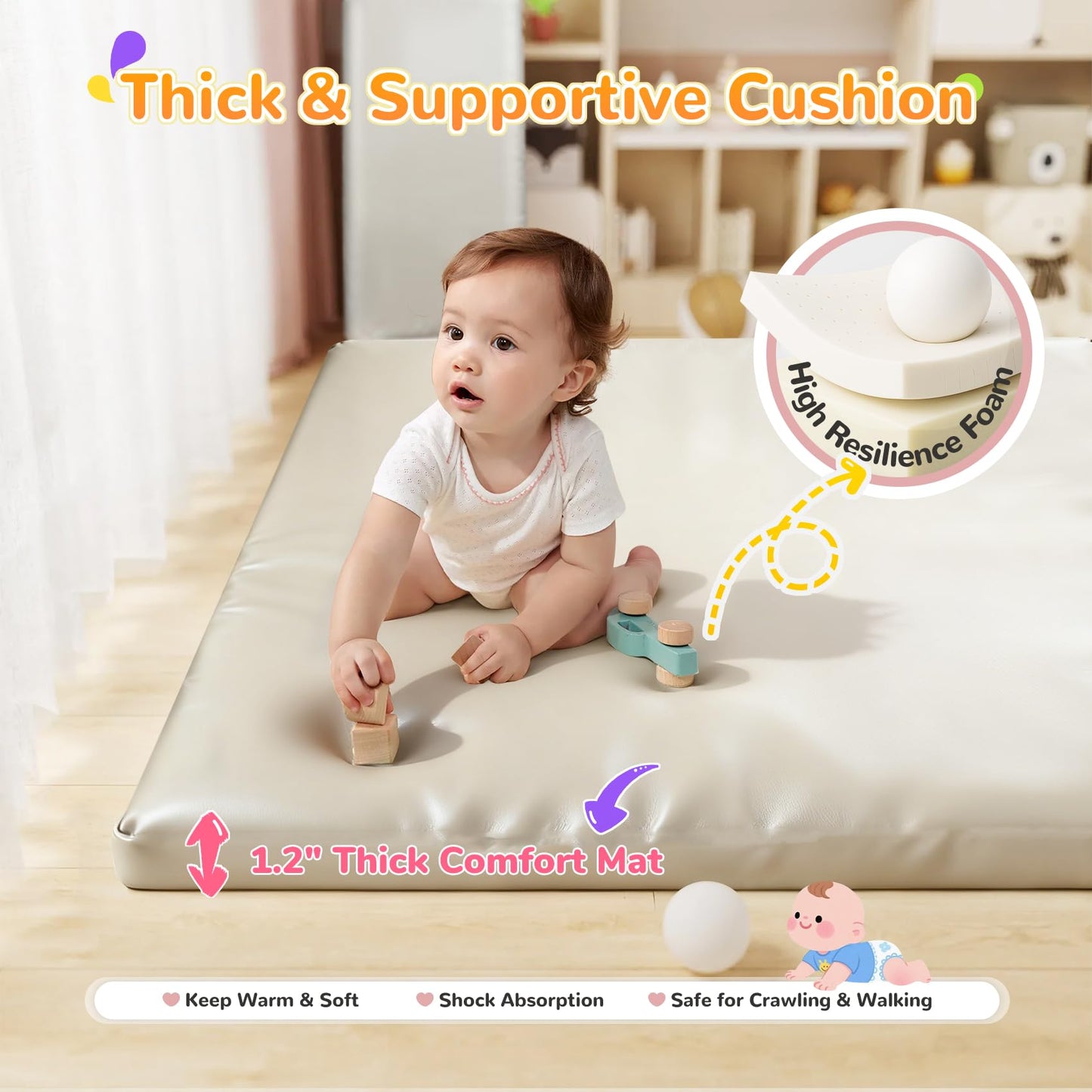 Baby Play Mat for Floor– 1.2" Thick, Foldable, Waterproof, 50×50 Playpen Mat, Non-Toxic, Easy to Clean, Thickened Foam Cushioned, Perfect for Tummy Time & Crawling, Babies & Toddlers
