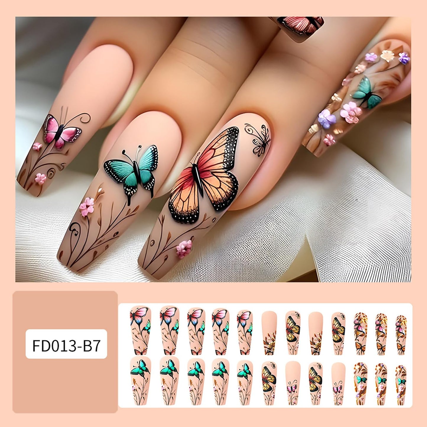 Butterfly 3D False Nails Press on Nails Long Ballet Shaped Coloful Butterly Pattern Design Press Nails Flower Fake Nails Artificial Acrylic Nails Full Cover Coffin Nails Nude Stick on Nails for Women