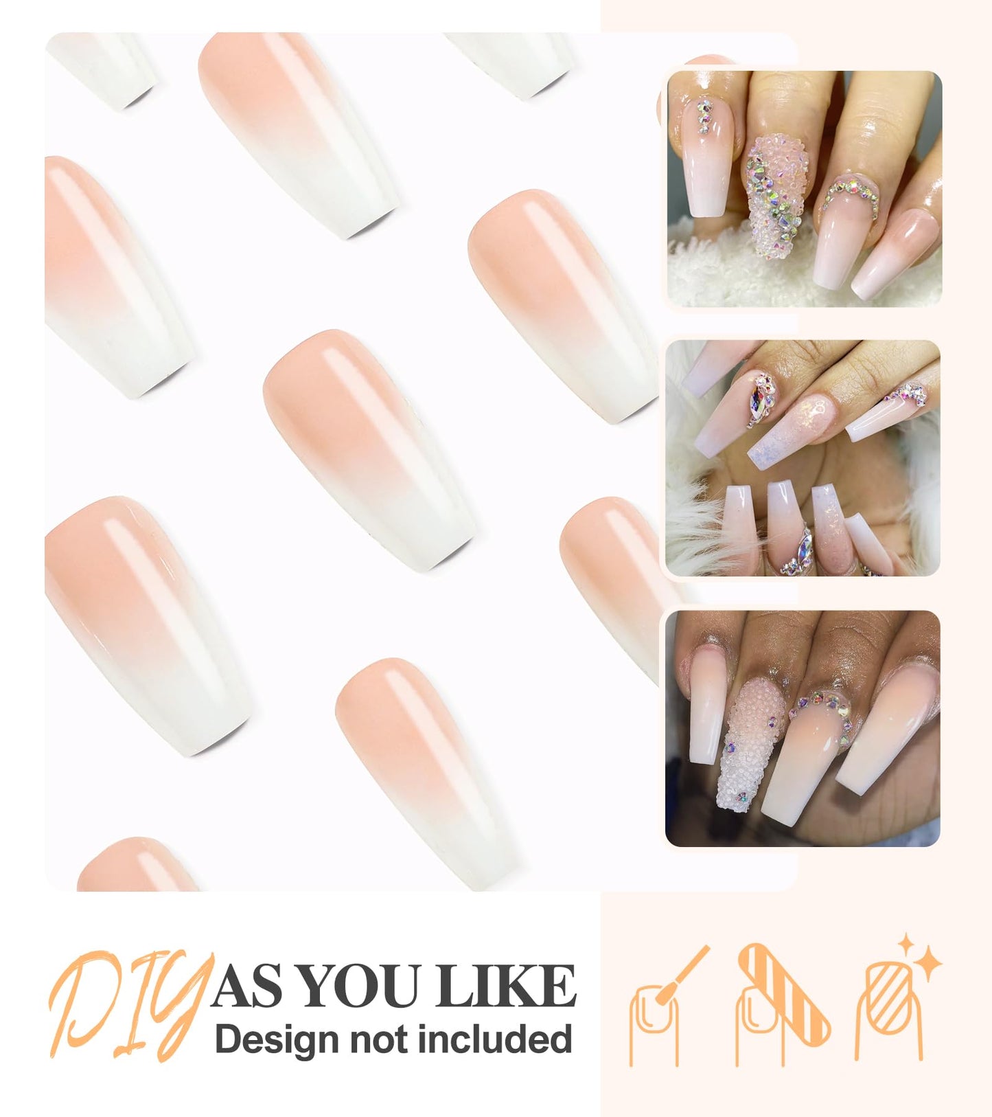 Morily Press on Nails - Pink Ombre Coffin Fake Nails Medium Length, French Tip Glossy False Stick on Fingernails for Women - 24Pcs in 12 Sizes