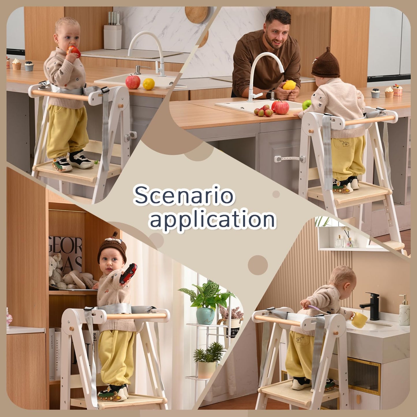 Kids Kitchen Step Stool, Foldable Toddler Tower, Height Adjustable Toddler Standing Tower with Safty Rail and Anti-Slip Device, Wooden Stool for 1.5-6 Years (Wood Color-White)