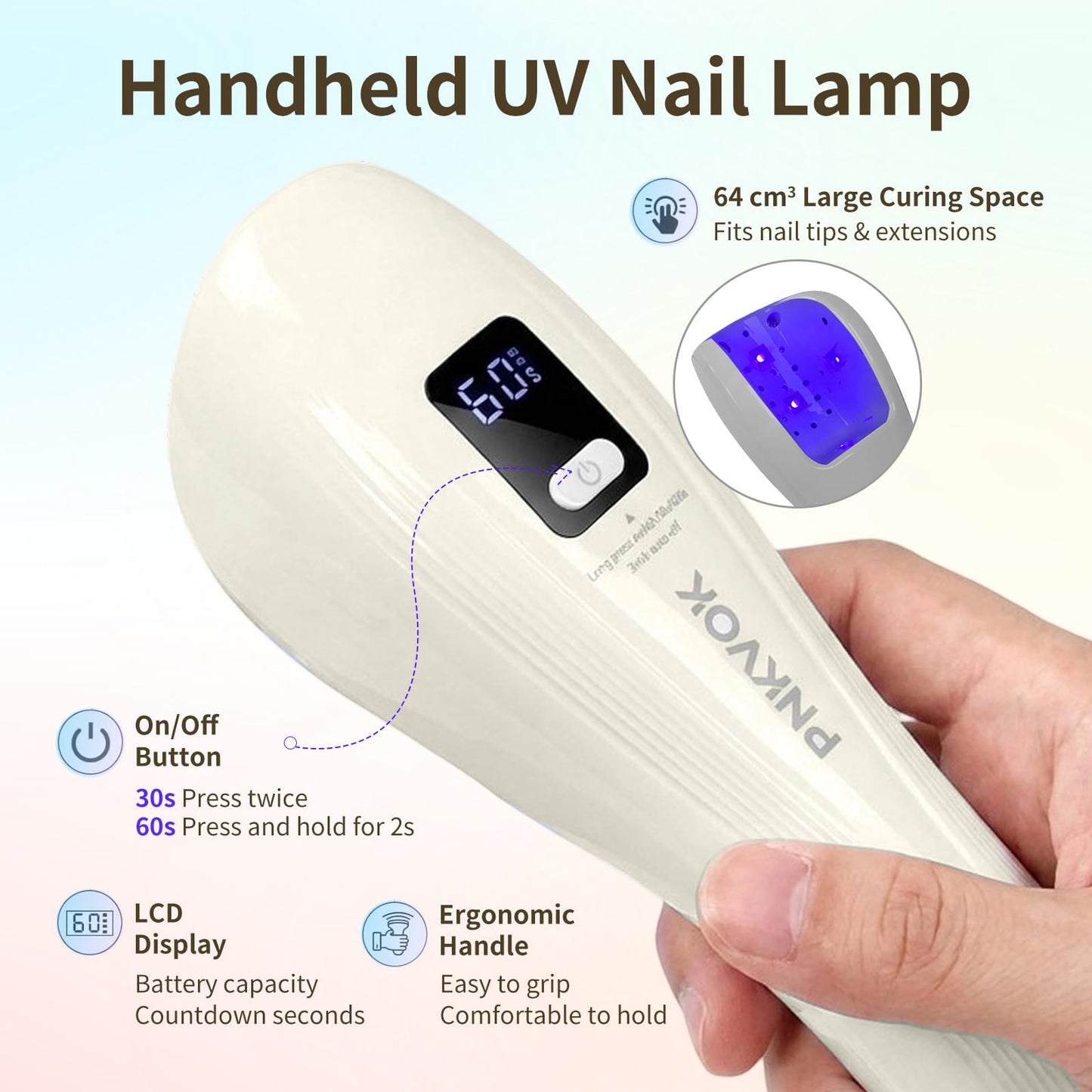 PNKVOK Rechargeable Flash Cure Nail Lamp, Handheld UV LED Nail Dryer for Rhinestones Glue, Little Whale Portable Cordless Light with Infrared Sensor, 30s/60s Timer, 5 LED Beads, for Gel Nails