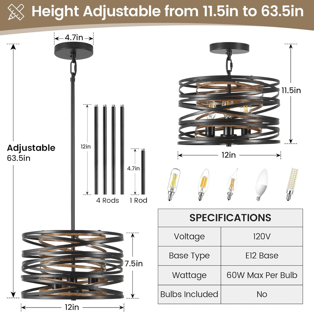 Farmhouse Chandelier, Dining Room Light Fixture, 3-Light Modern Black Pendant Light Fixture, Rustic Industrial Ceiling Hanging Light Fixture for Entryway Foyer Kitchen Over Table Hallway