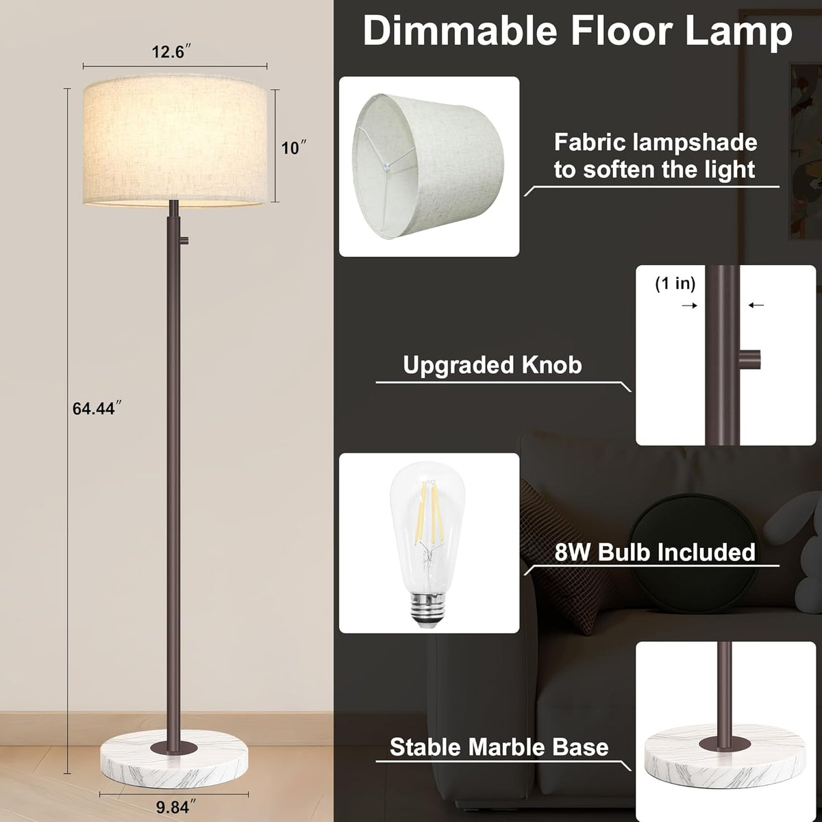 Floor Lamp for Living Room,Dimmable Gold Floor Lamp,Modern Standing Lamp with Marble Base,Tall Standing Lamp for Bedroom, Reading,Office & Kids' Room,LED Bulb Included(Brown)