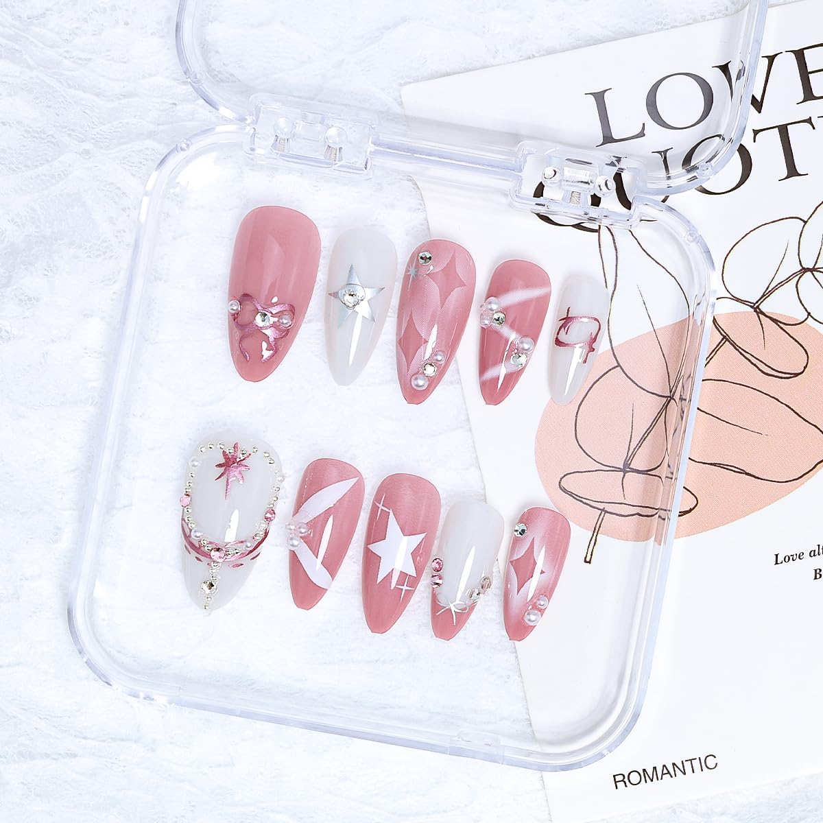 24Pcs Pink Almond Press on Nails Medium French Tip Fake Nails Silvery White Star Glue on Nails with 3D Pearl Rhinestones Full Cover Handmade False Nails Bow Acrylic Nails for Women Stick on Nails