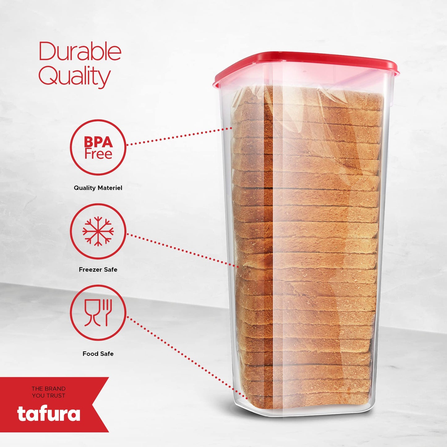 Tafura Bread Container - 2 Pack BPA Free Plastic Bread Box - Container/Holder for Homemade Loaves and Baked Goods with Red Airtight Lid