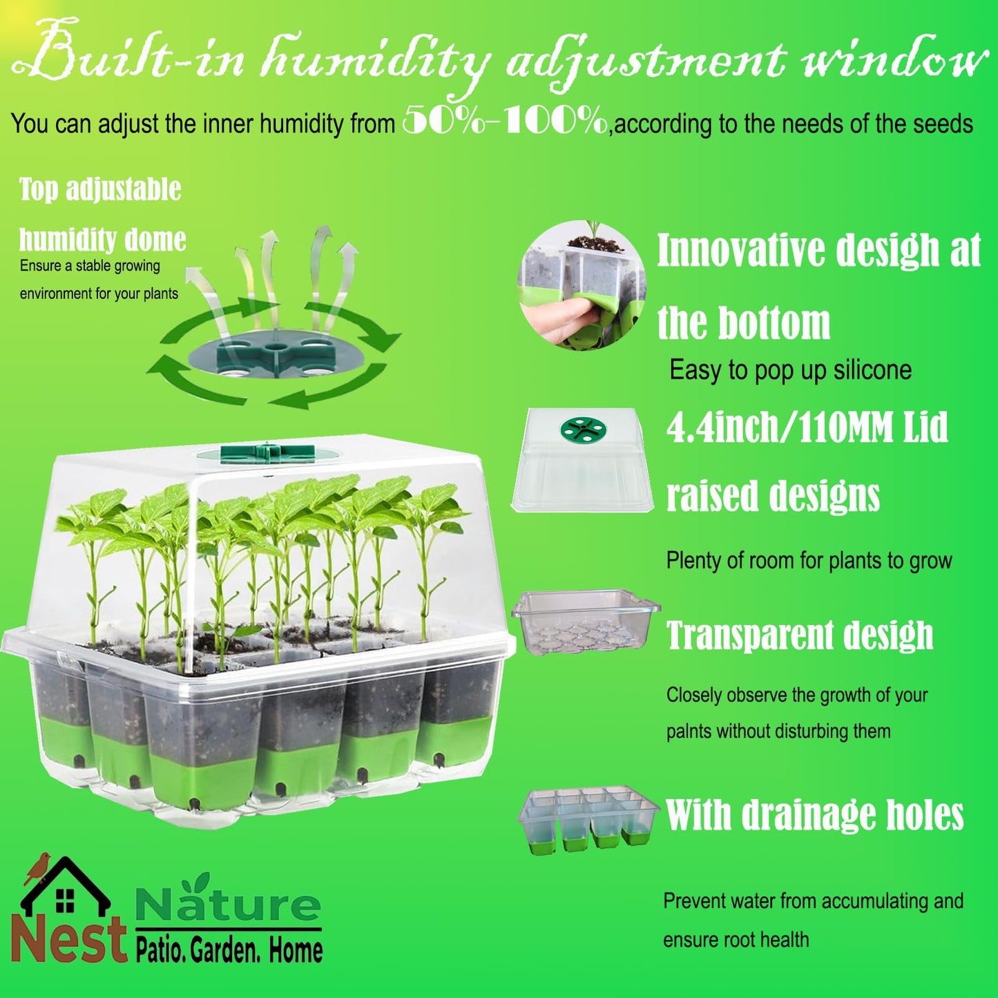 5-Pack Flexible Germination Trays,Reusable 60Cell Seed Starter Trays With Humidity Dome & Lids , Flexible Pop-Out Design, BPA-Free Silicone Seedling Kit & Dishwasher Safe for Herbs/Vegetables/Flowers