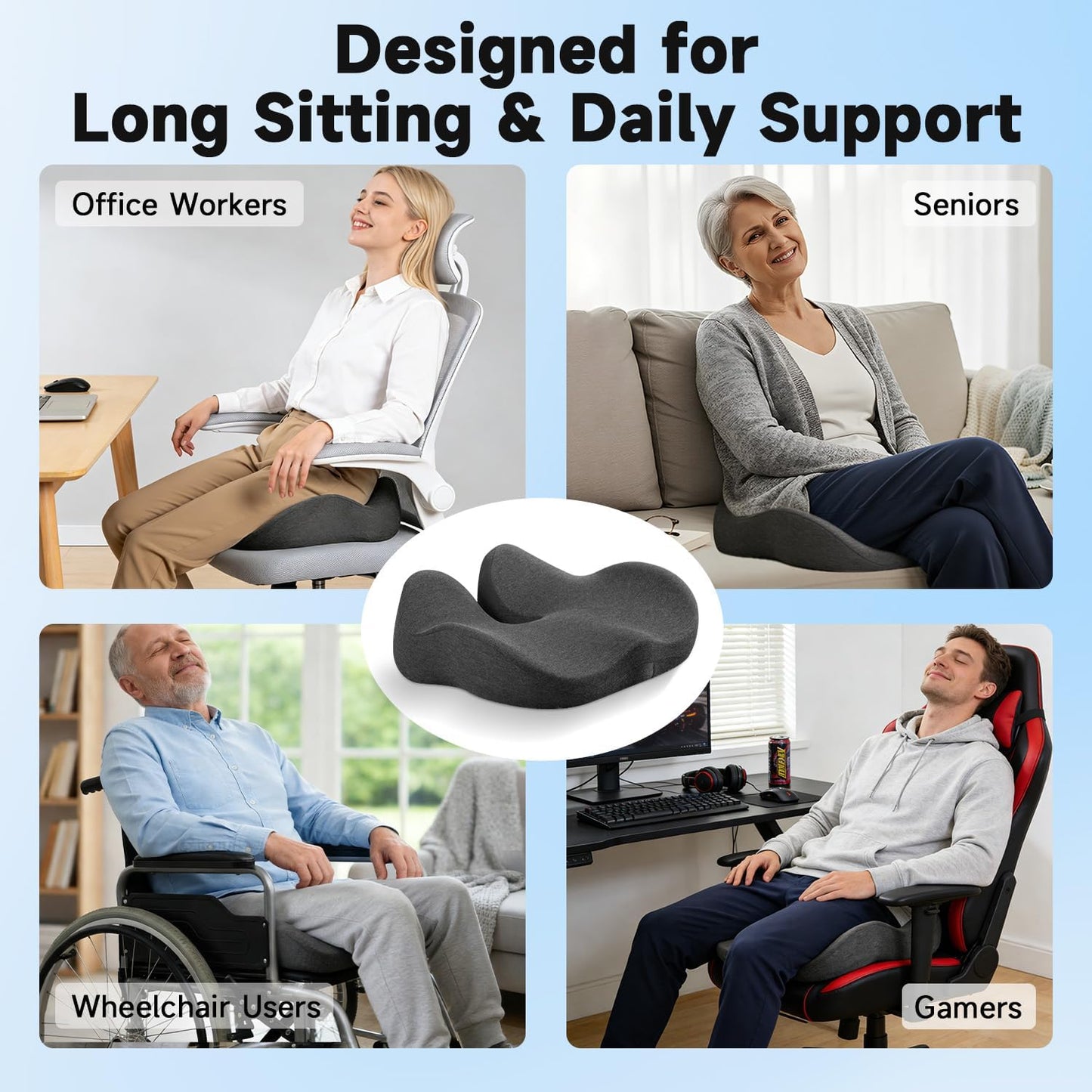 Tuozaiira Seat Cushion for Office Chairs – Large U-Shaped Memory Foam Desk Chair Cushions for Long Sitting Comfort, Ergonomic Thick Support Pad for Work from Home & Daily Office Use