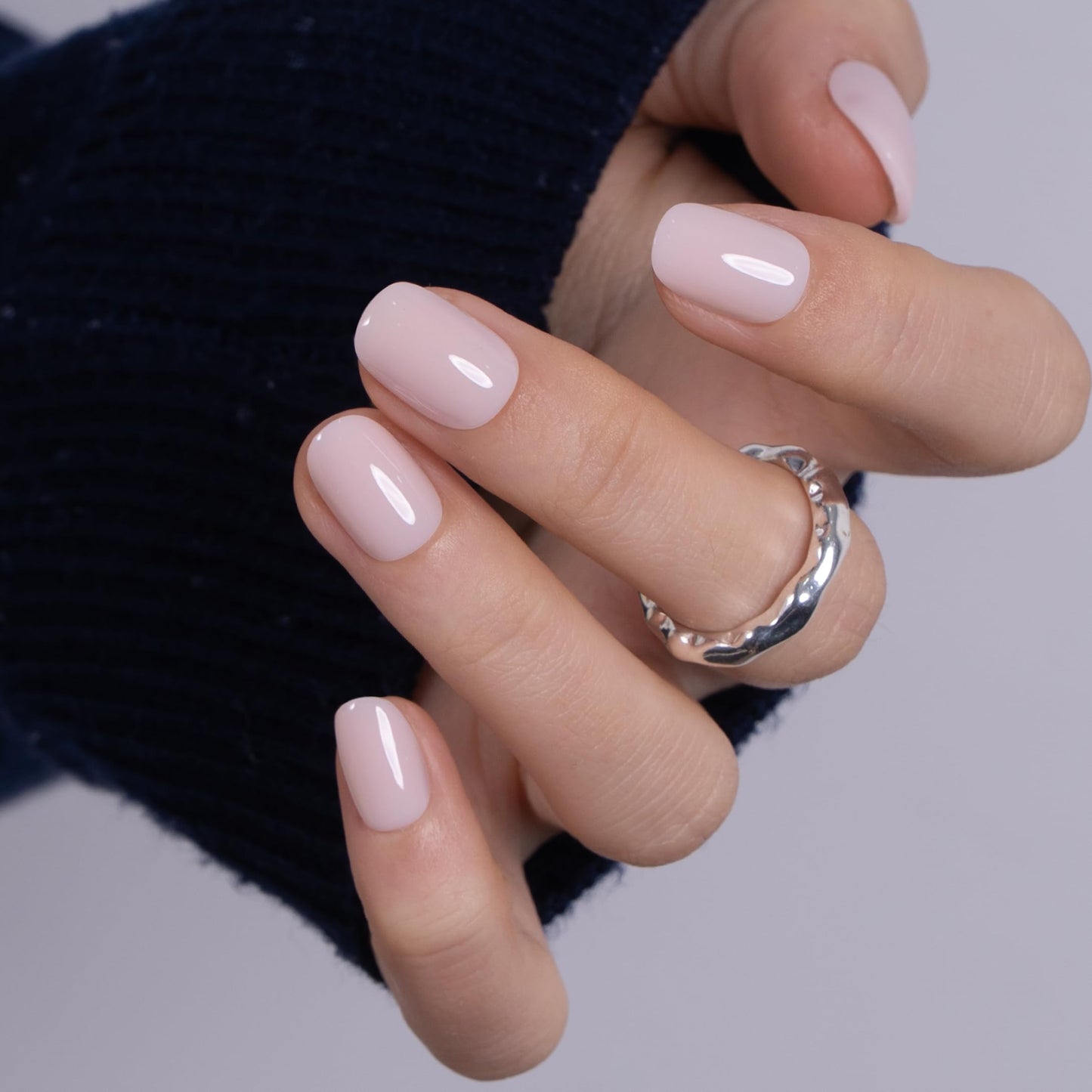 Curvlife Press on Nails Milky White Short Square Acrylic Fake Nails with Apricot Design Full Cover Glossy Nude Glue on Nails Artificial for Women 30Pcs
