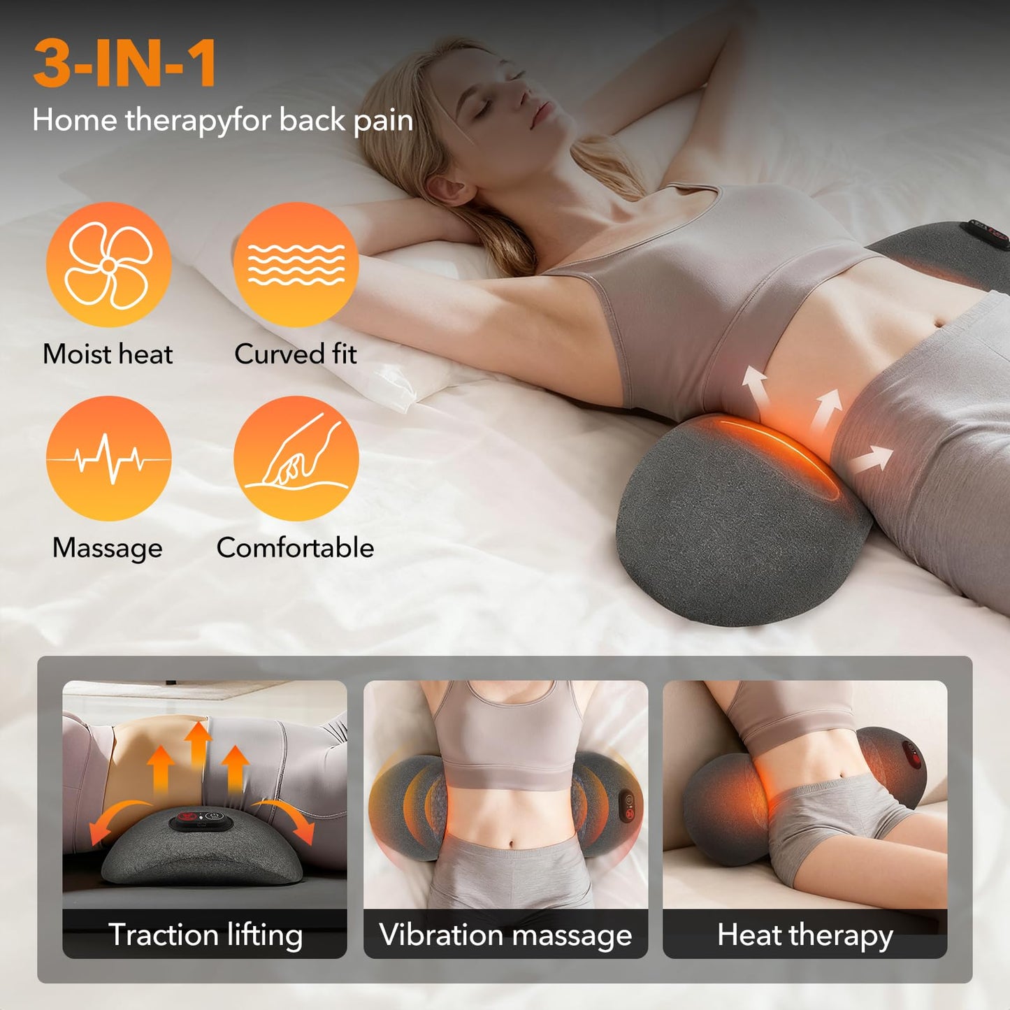 KITCADA Electric Lumbar Massager Support Pillow 3 in 1 with Adjustable Height for Bed and Chair, Back Massager with Heat, Massage for Pain Relief Deep Tissue, Waist Wedge Bolster