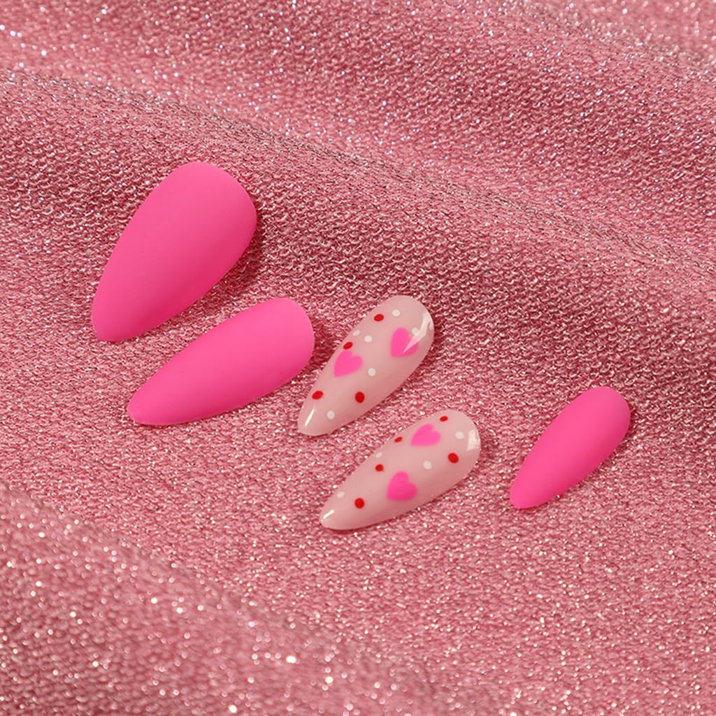 CTTHNBD Press on Nails Almond - Medium Fake Nails with Heart Design - Pink, Matte Full Cove Stick on False Nails for Women 24 Pcs