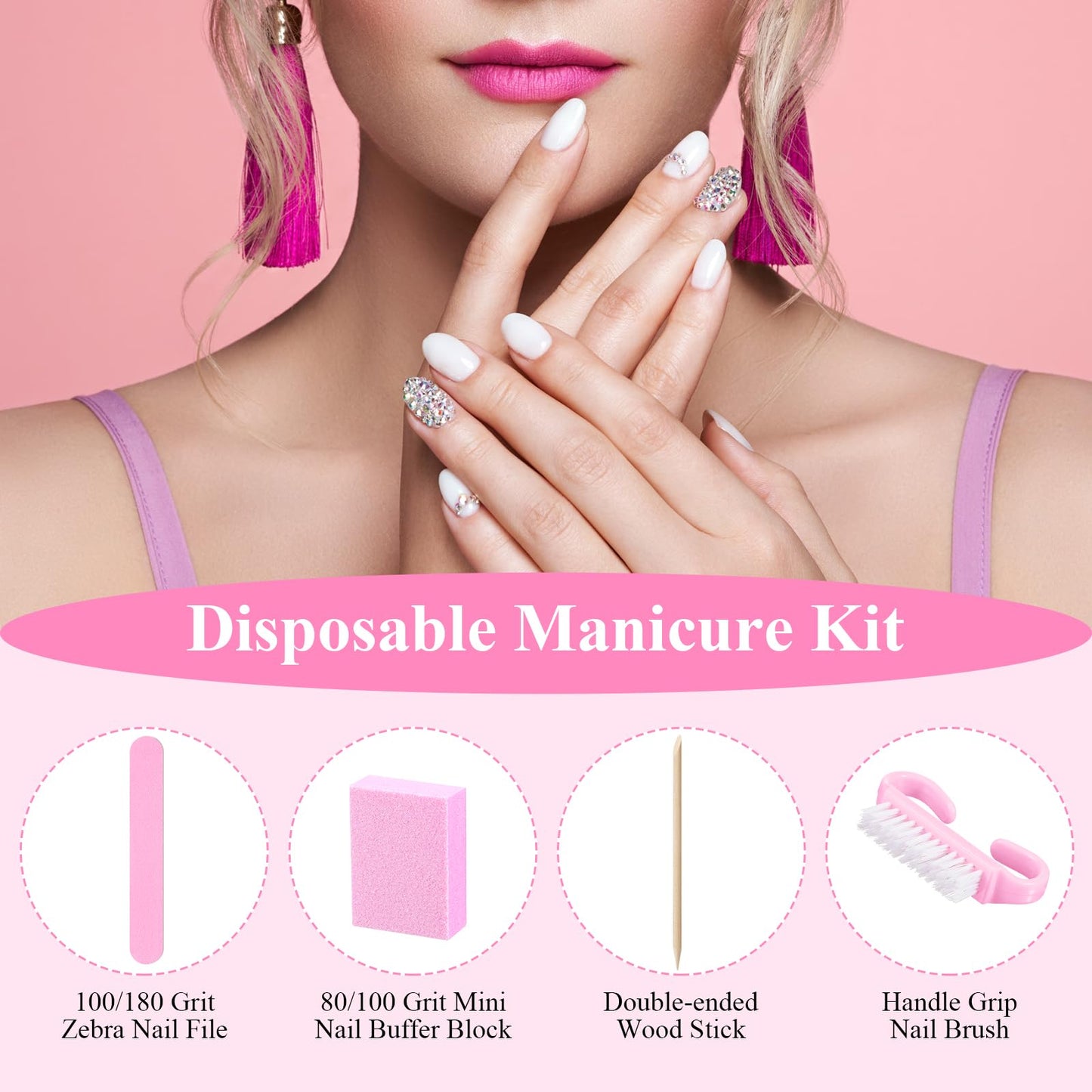 Leriton 100 Sets Mothers Day Professional Disposable Manicure Kit Basics 4 Piece Nail Kit Wood Nail File 100/180 Grit, Mini Buffer 80/100 Grit, Wood Stick and Handle Grip Brush Gifts(Pink)