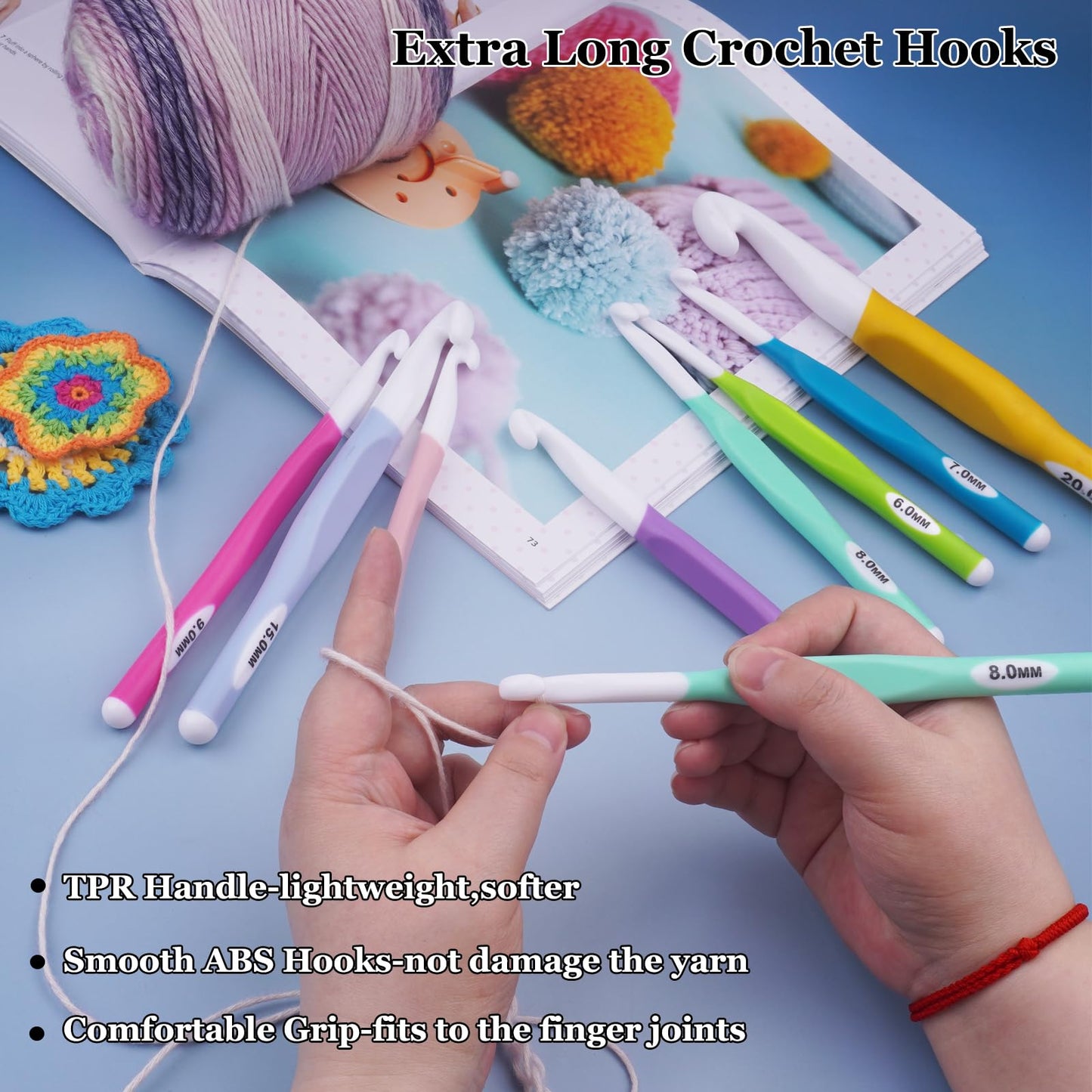 Hobekoee 36Pcs Crochet Hooks Set with Case,8 Sizes Ergonomic Crochet Hooks for Arthritic Hands,Long Crochet Needles 6mm-20mm Crochet for Weaving Blankets,Coaster,Bag
