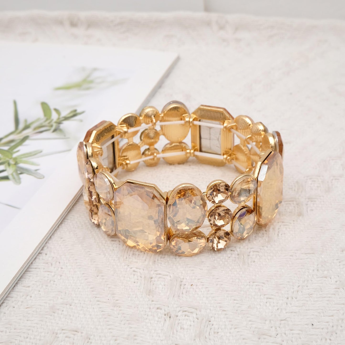 CSY Women's Statement Stretch Wide Bangle Bracelets Austrian Crystal Art Deco Elastic Bracelet for Party Prom (champagne gold)