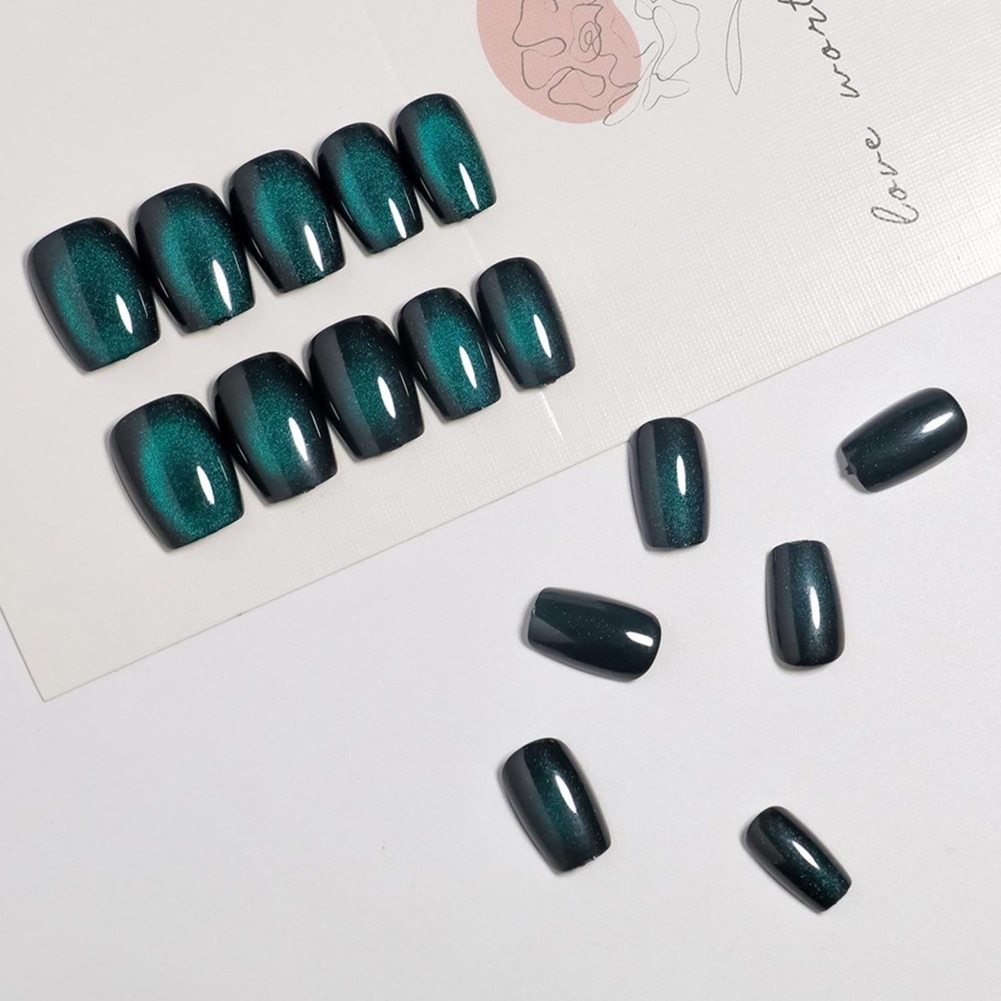 Cat Eye Press on Nails Short Square Fake Nails with Glitter Designs Green Nails Press ons Black Glue on Nails Glossy False Nails Full Cover Stick on Nails for Women 24Pcs