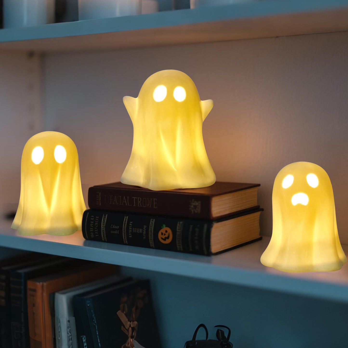 CUTEHO Cute Ghost Light Up Halloween Decor, LED White Ceramic Spooky Lanterns Decorative Light Halloween Party Decoration for Tiered Tray Shelf Table Centerpieces Desk Bedroom Room（3 Pack）