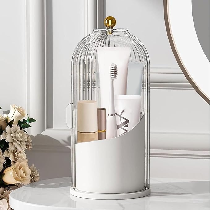Makeup Brush Organizer Toothbrush Holder with Transparent Door Lid, 360 Rotating Sliding Opening, Door Dustproof&Waterproof for Vanity Bathroom Bedroom (White)
