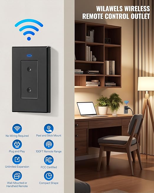 Black Remote Control Outlet Plug, WILAWELS Wireless Light Switch, On Off Remote Switch Outlet for Lights, Lamps, Home Appliance, 100ft RF Range, No Wiring, FCC Listed H05RC1106