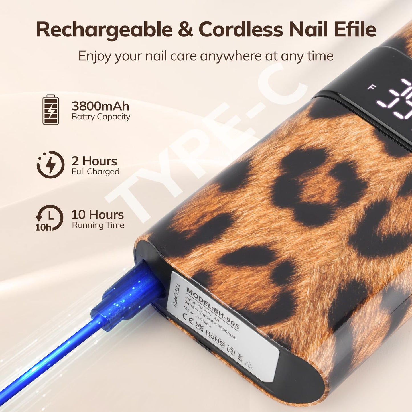 Lavinda Leopard UV Light for Gel Nails 54W Cordless Rechargeable Nail UV Lamp Nail Light & 35000RPM Electric Nail Drill Portable Rechargeable Nail Efile