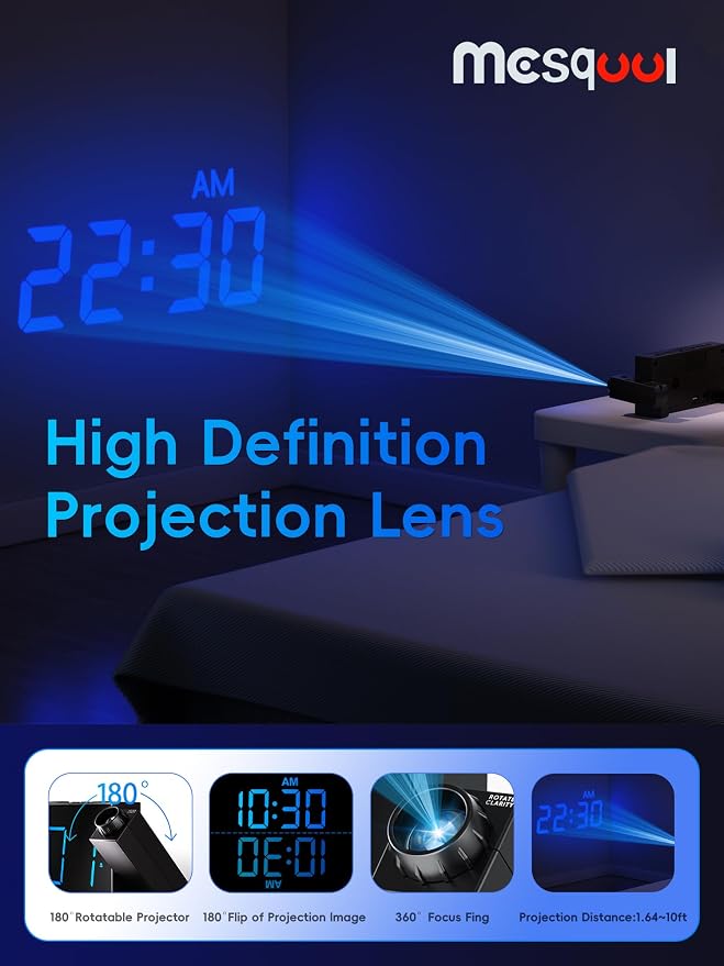Mesqool Projection Alarm Clock with Loud Bed Shaker, Dual Alarms | 5-level Dimmer, USB charger, Snooze & DST, Loud Vibrating Alarm with Battery Backup, Perfect for Heavy Sleepers