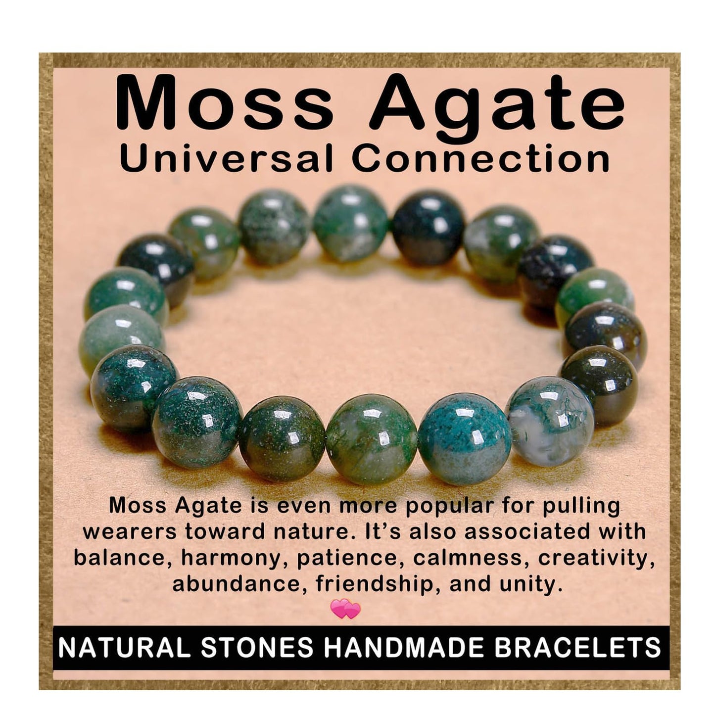 AD Beads Handmade Gemstone Stretch Elastic Bracelet Crystal Healing Reiki Nature's Beauty and Spiritual Essence Unisex (10mm, Moss Agate (Universal Connection))