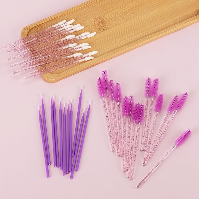 600 PCS Eyelash Extension Supplies Kit, 200 Spoolies Mascara Wands Disposable 200 Lip Brushes 200 Micro Swabs Purple Eyelash Brushes Makeup Applicator Tool