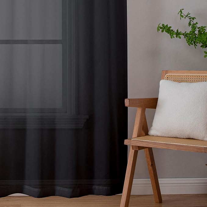 Simplebrand Black Sheer Curtains 96 Inches Long, Light Filtering Rod Pocket Solid Color Window Sheer Curtain Panels, Elegant Curtains & Drapes for Living Room, Bedroom 2 Panels (Black, 42" W x 96" L)